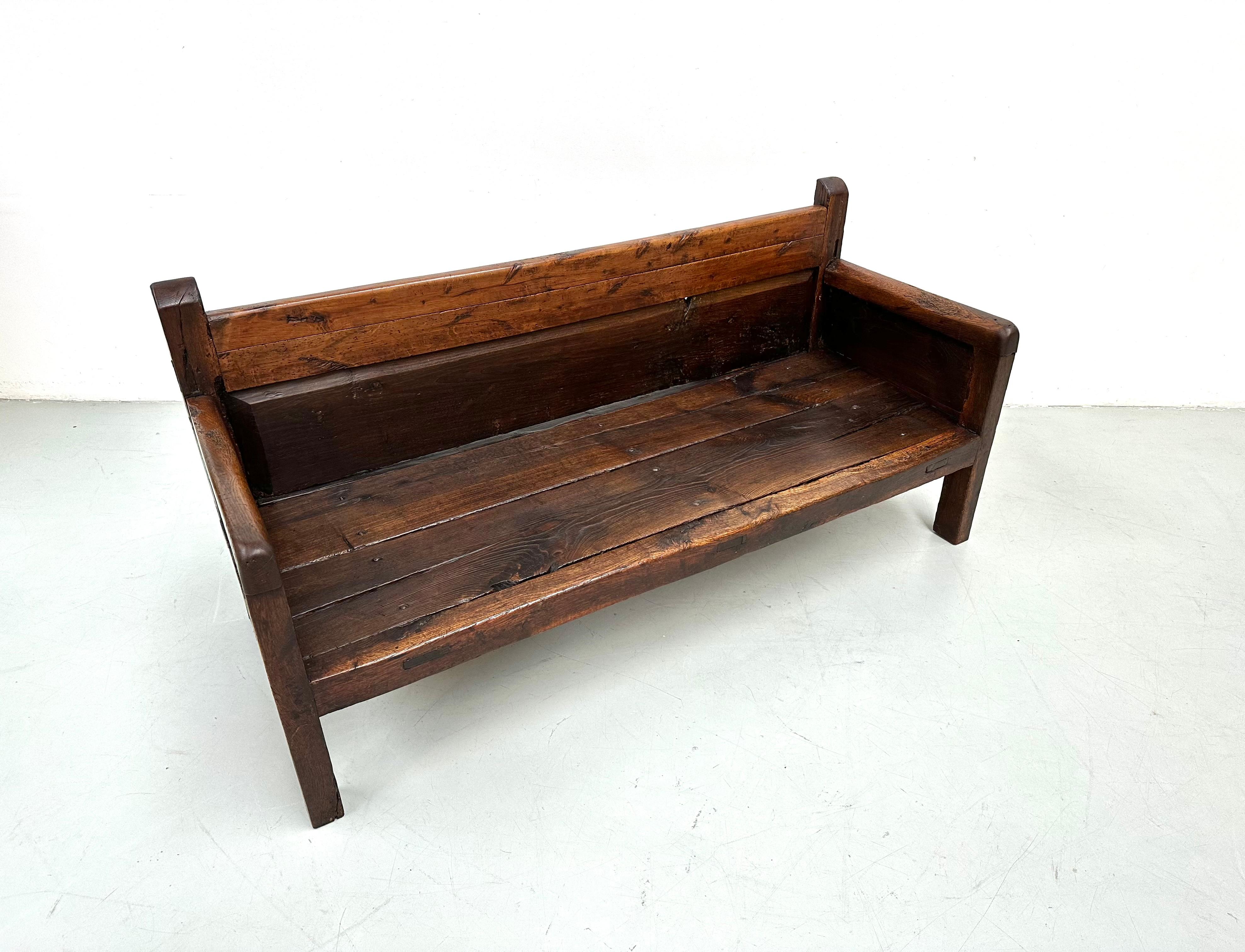 Fruitwood Antique Handmade Minimalistic Spanish Chestnut Wood Bench, Early 19th Century For Sale