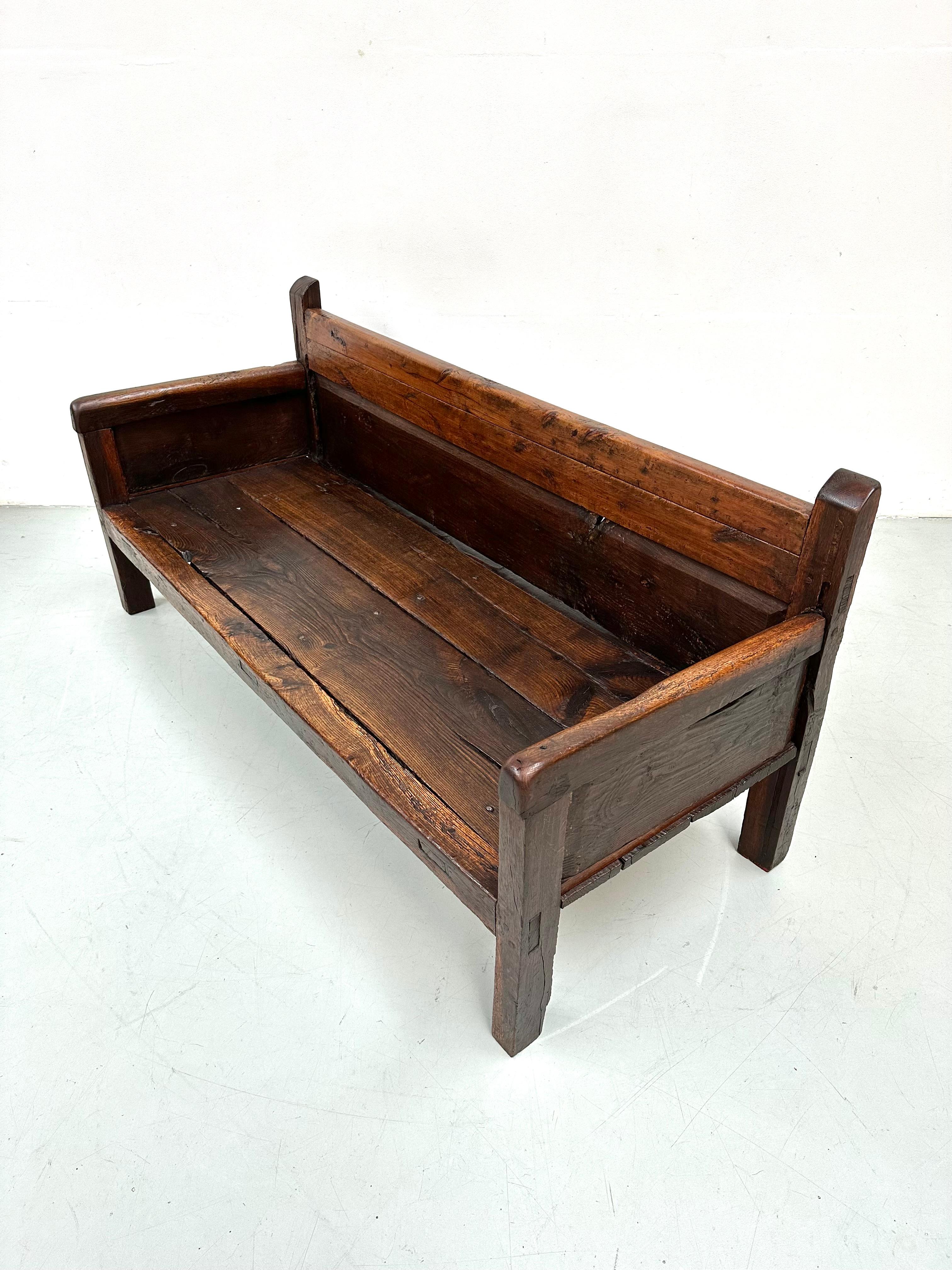 Antique Handmade Minimalistic Spanish Chestnut Wood Bench, Early 19th Century For Sale 3