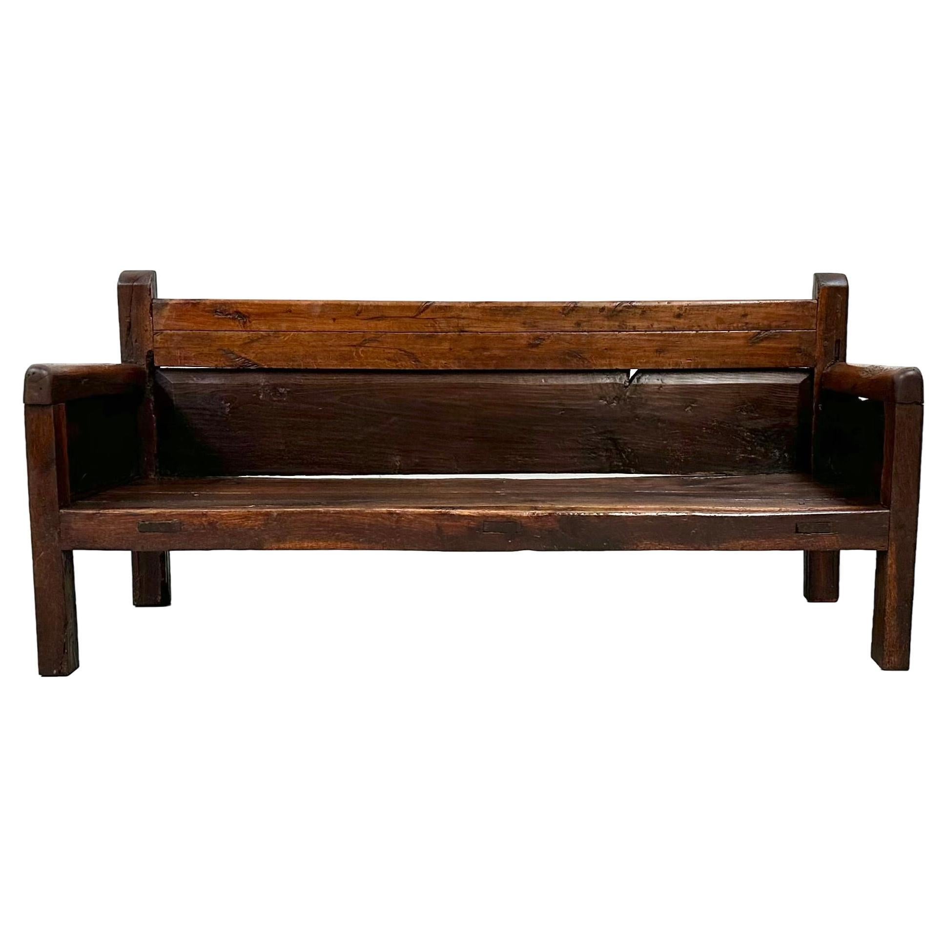 Antique Handmade Minimalistic Spanish Chestnut Wood Bench, Early 19th Century For Sale