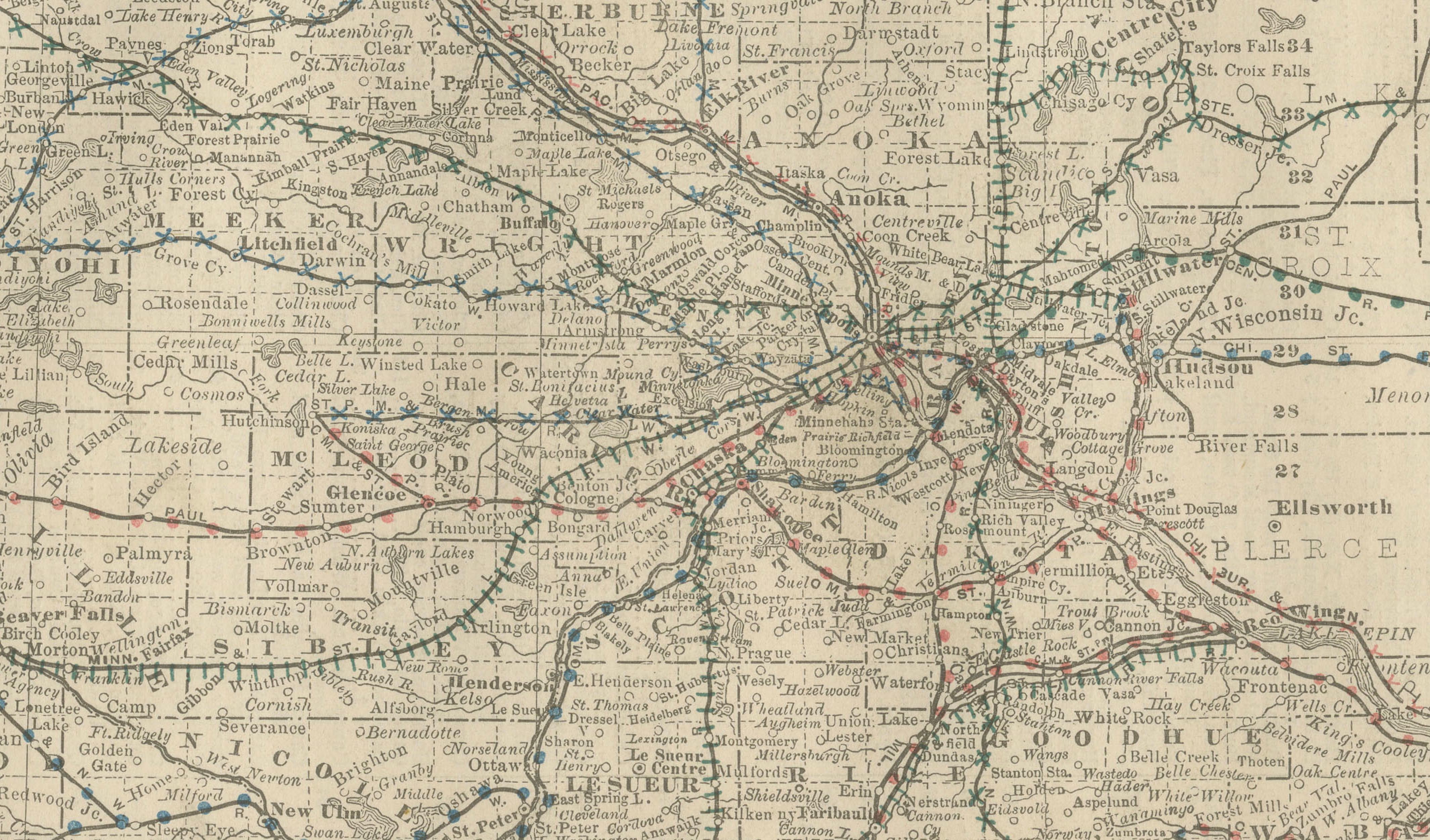 Antique Minnesota Map Wall Art by Rand McNally, Color Lithograph, 1888