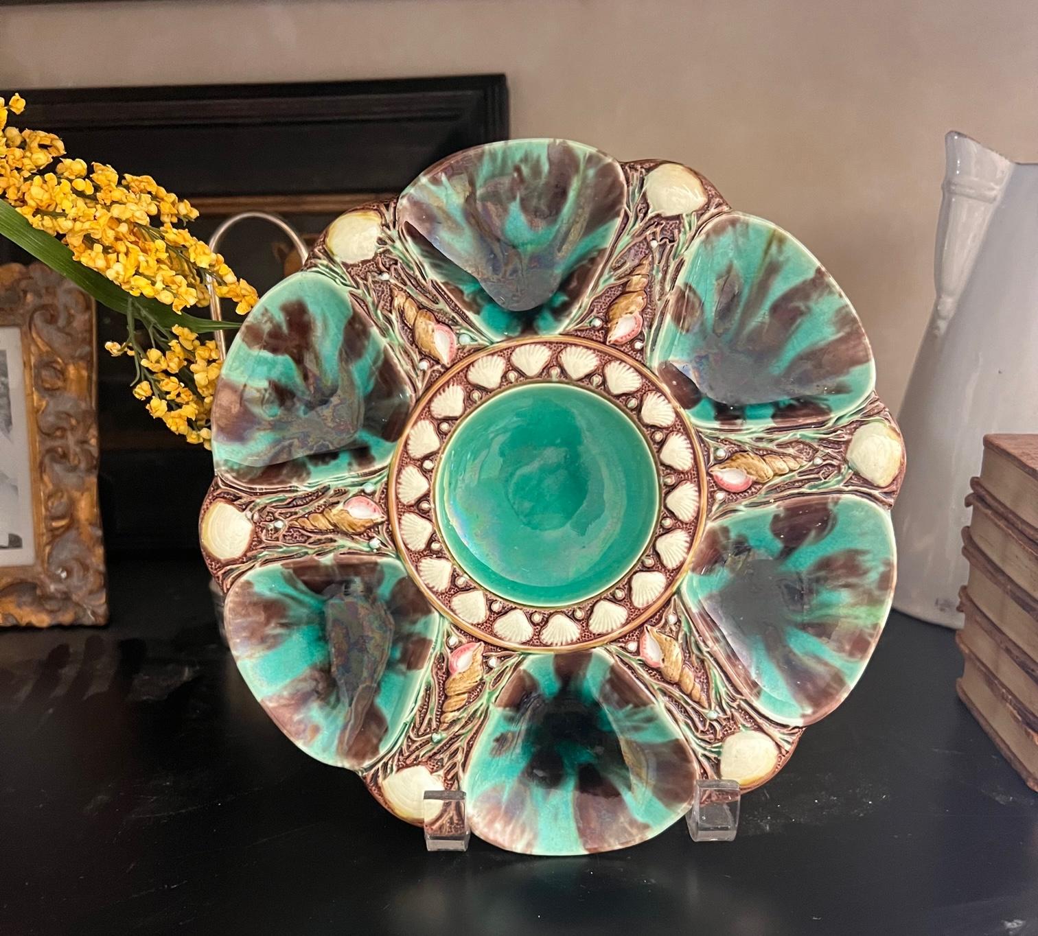 Antique Minton Green Majolica Oyster Plate, circa 1860's-1870's For Sale 2