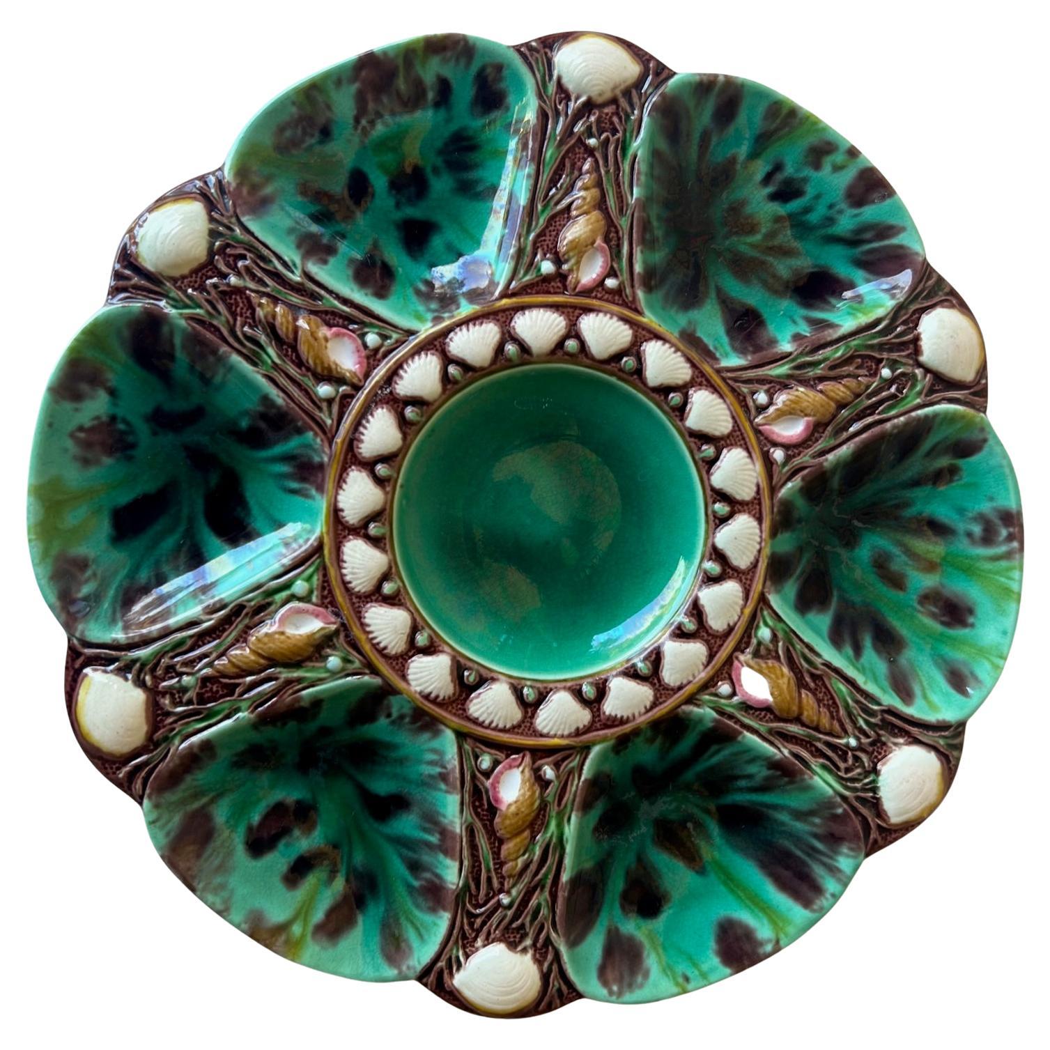 Antique Minton Green Majolica Oyster Plate, circa 1860's-1870's For Sale