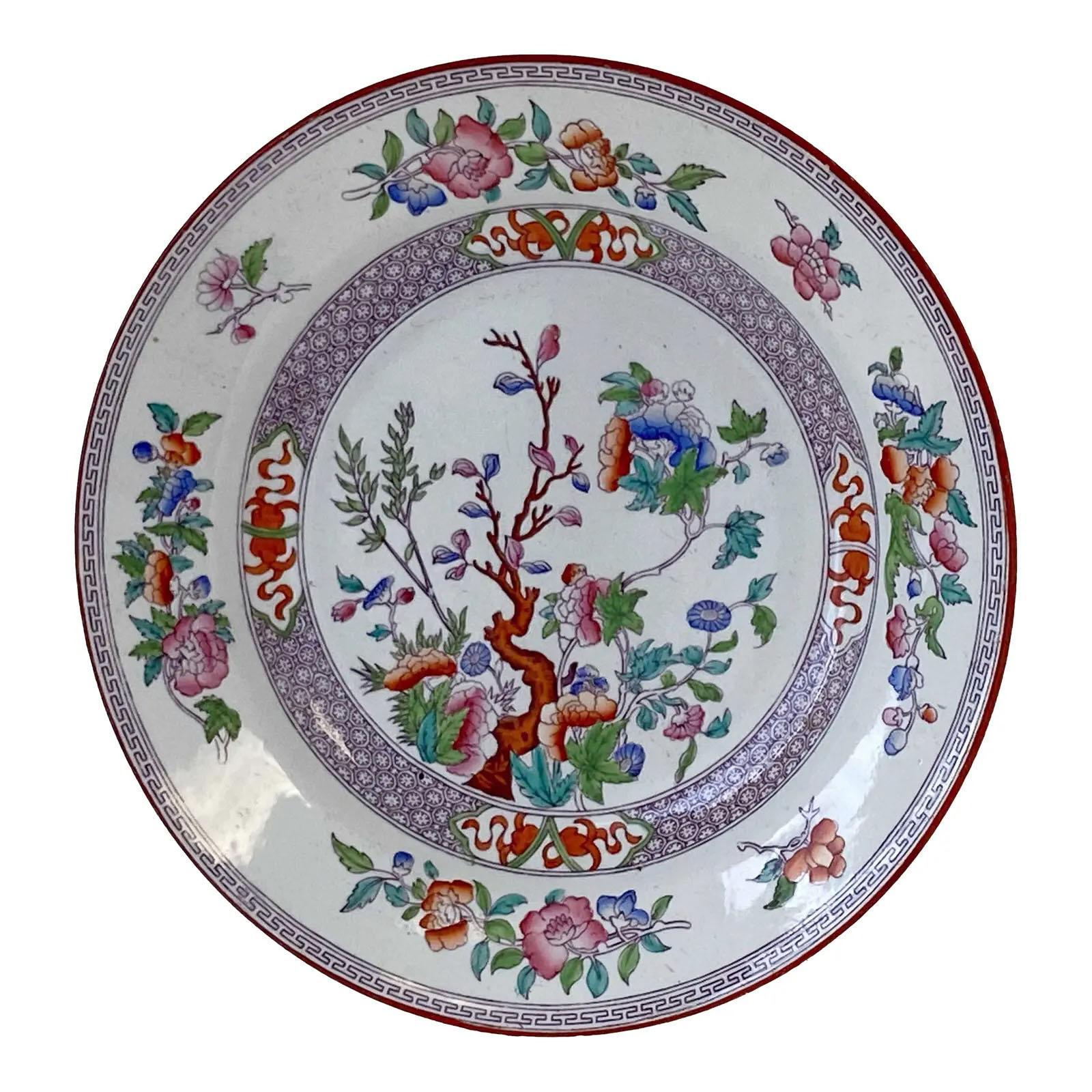 A Minton Indian Tree purple chinoiserie plate with a smooth edge. Stamped on back with Minton, a cross, star and initial B along with a pattern number 9766. Brilliant colors, circa 1881, England.