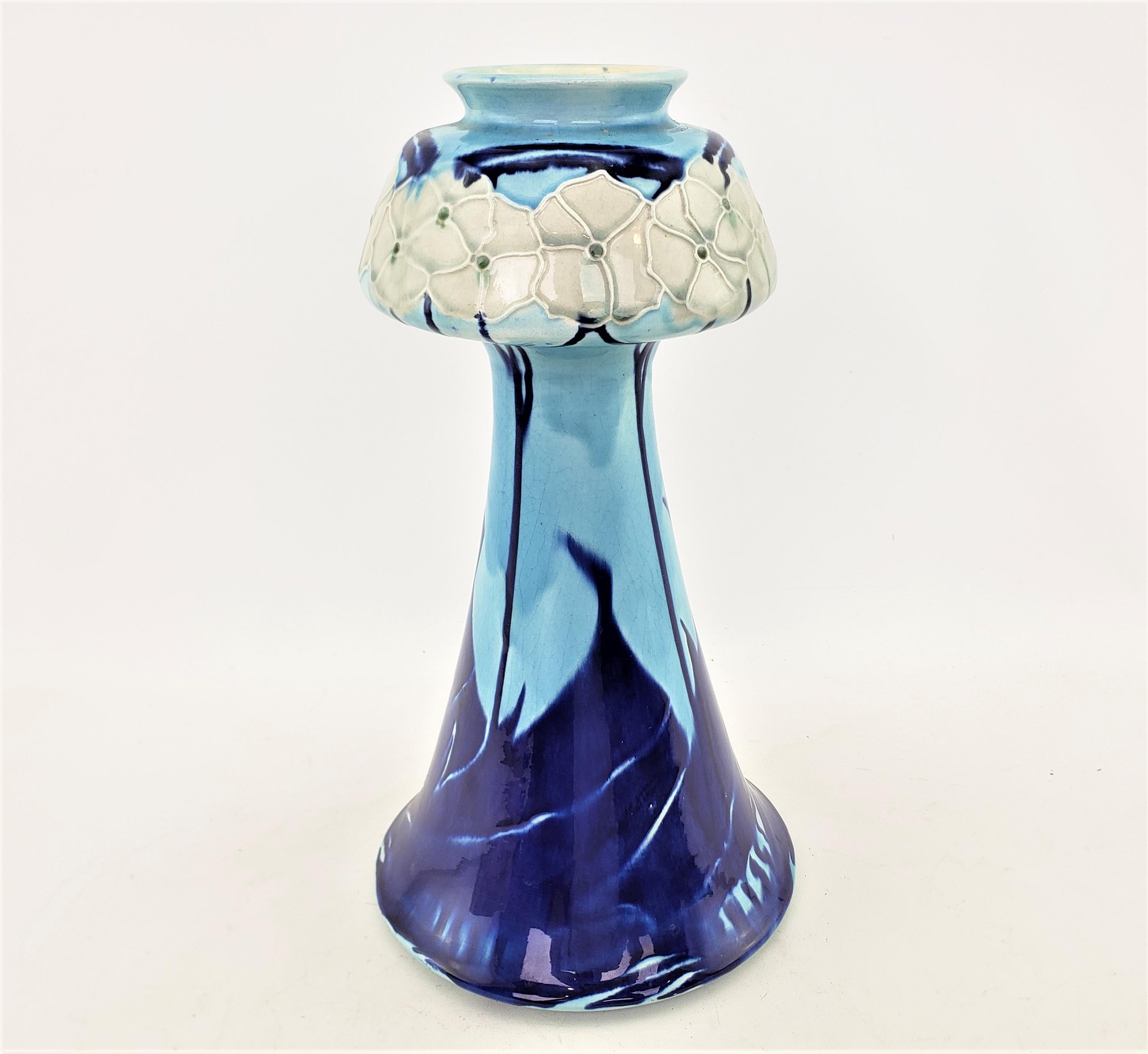 English Antique Minton Secessionist Vase in Light Blue and Cobalt with Floral Motif For Sale