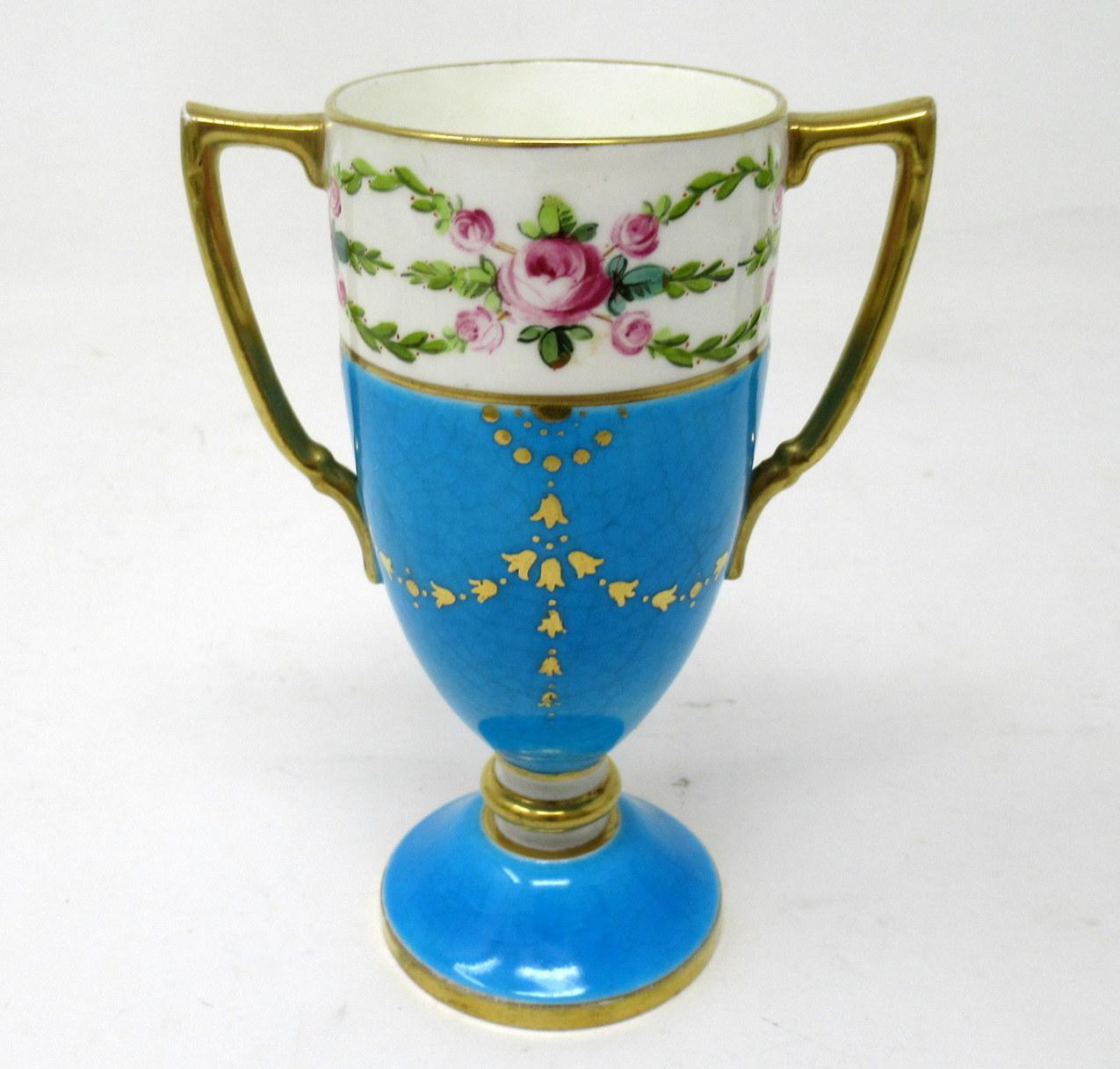 19th Century Antique Minton Staffordshire Porcelain Ewer Urn Vase Centerpiece Roses Turquoise For Sale