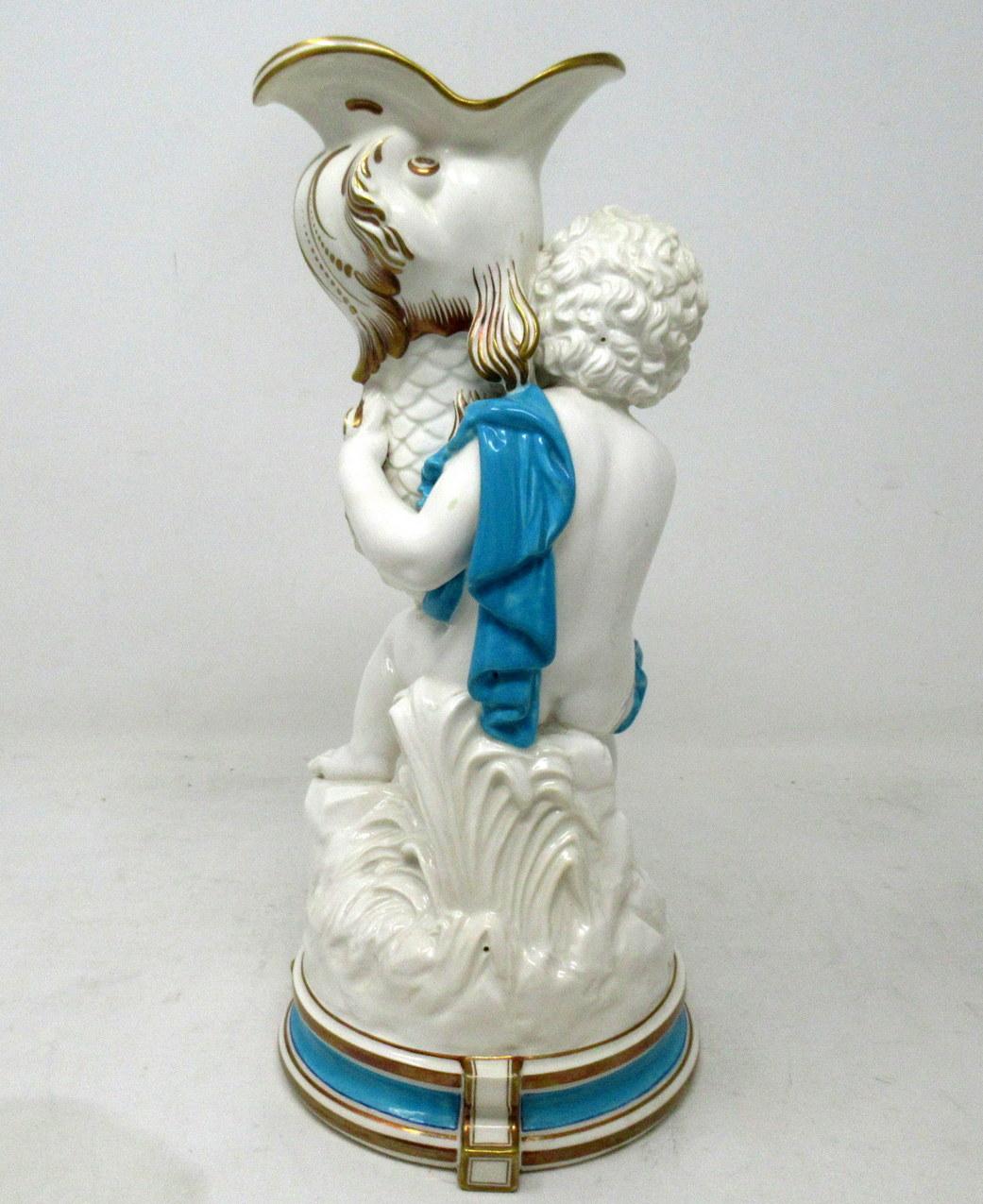 Victorian Antique Minton Staffordshire Porcelain Vase Centerpiece Cherub Dolphin Turquoise For Sale