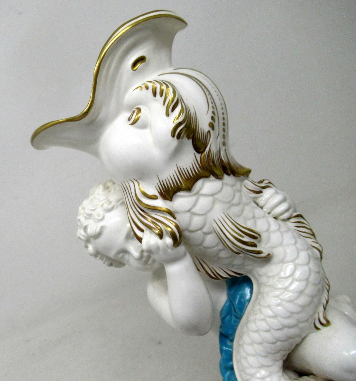 Hand-Painted Antique Minton Staffordshire Porcelain Vase Centerpiece Cherub Dolphin Turquoise For Sale