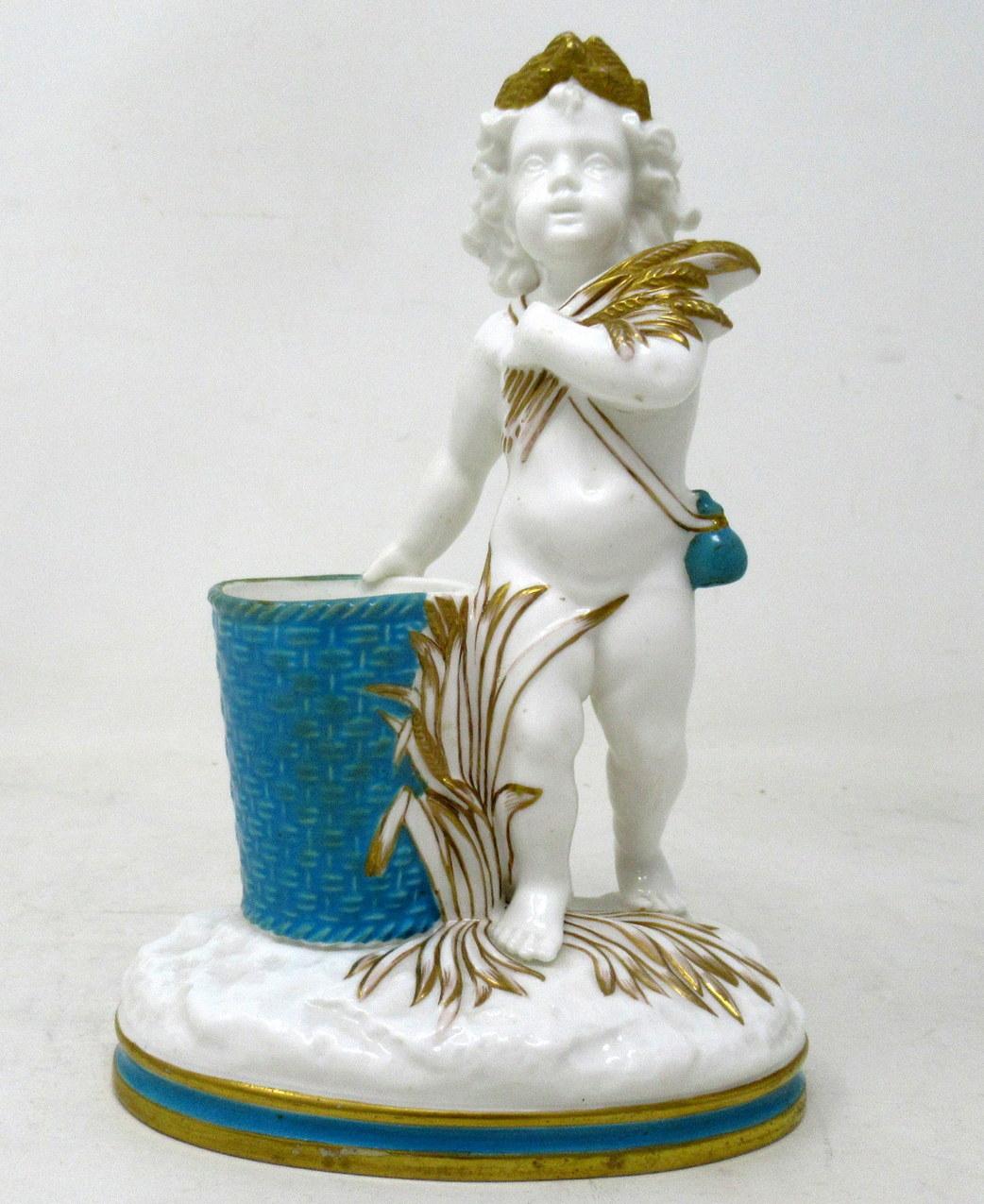 Stunning Example of an English Minton Porcelain Centerpiece or Flower Vase, depicting a scantily clad Female harvesting wheat standing on a naturalistic circular base beside a basket weave cylindrical container. Circa third quarter of the Nineteenth