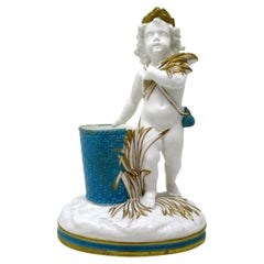 Antique Minton Staffordshire Porcelain Vase Centerpiece Cherub Turquoise Gilt