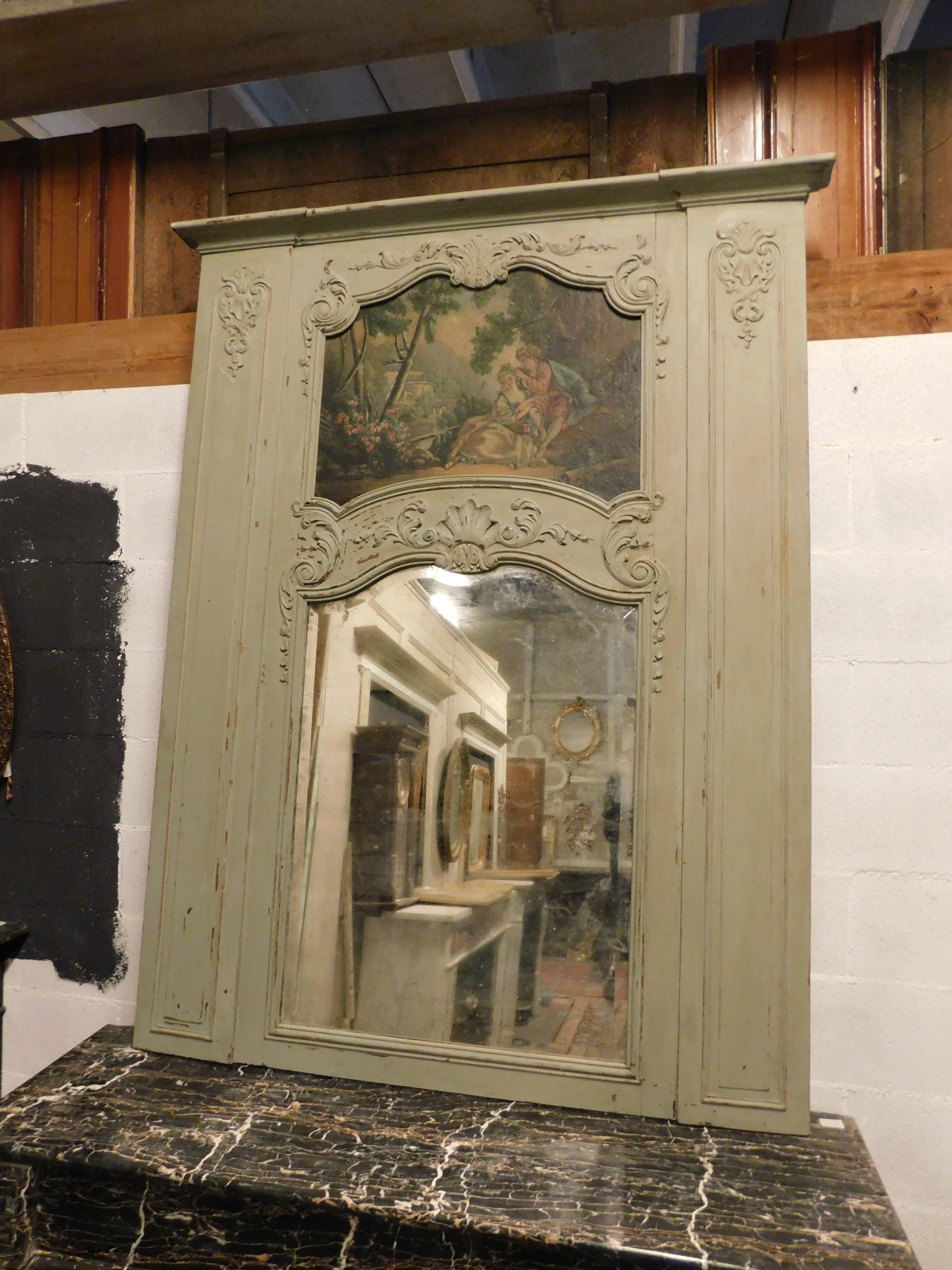 French Antique Mirror for Fireplace, Lacquered, Carved and Painted, 19th Century France