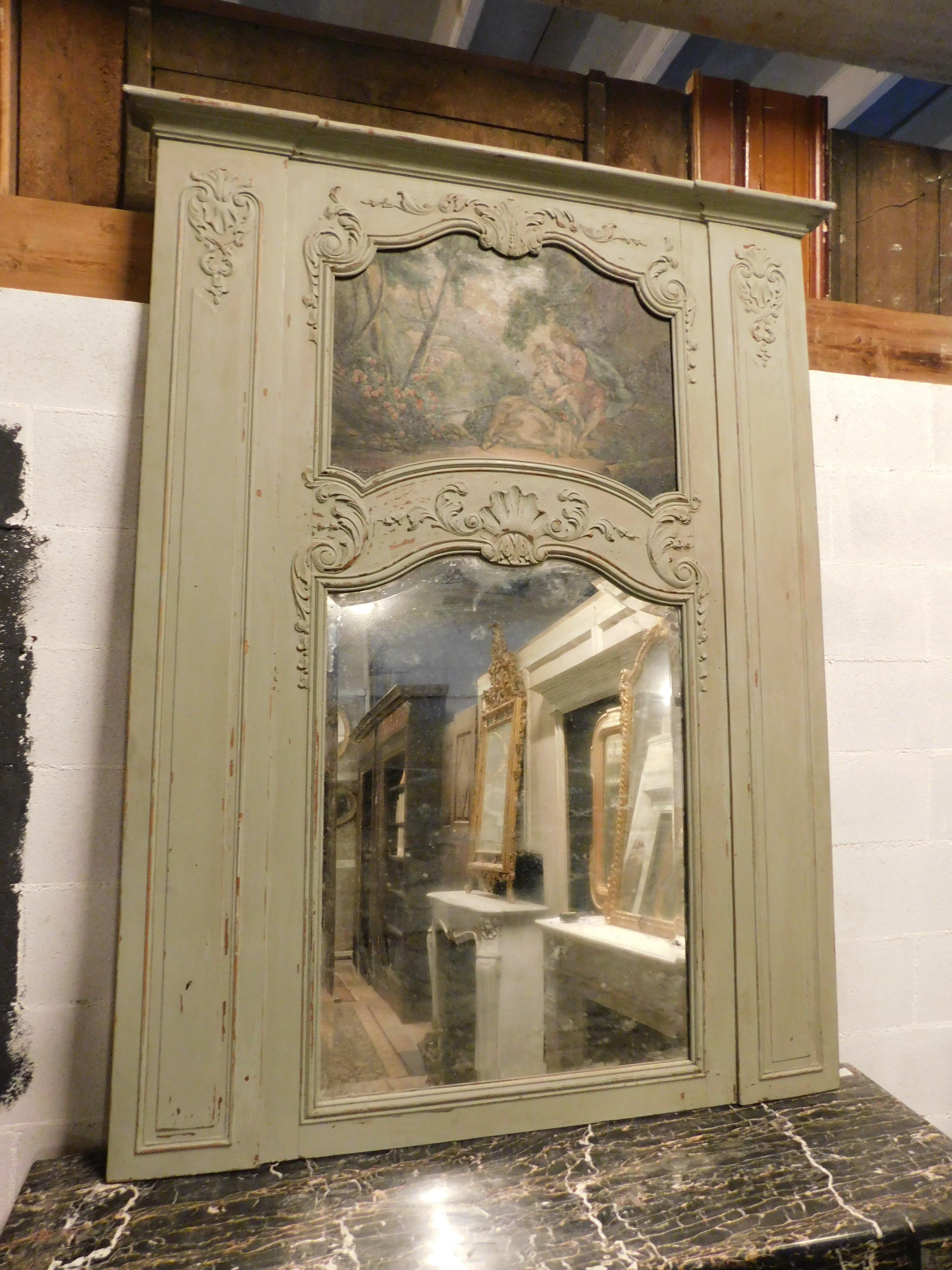 Hand-Carved Antique Mirror for Fireplace, Lacquered, Carved and Painted, 19th Century France