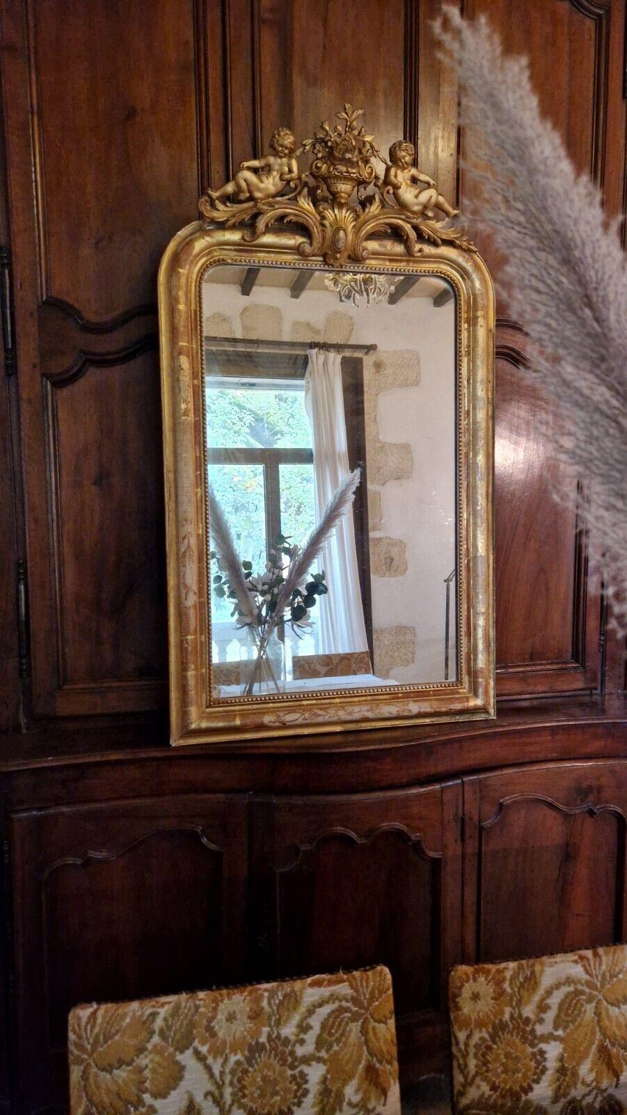 Rococo Antique Mirror French Giltwood Gold Cupid Crest 19th Century