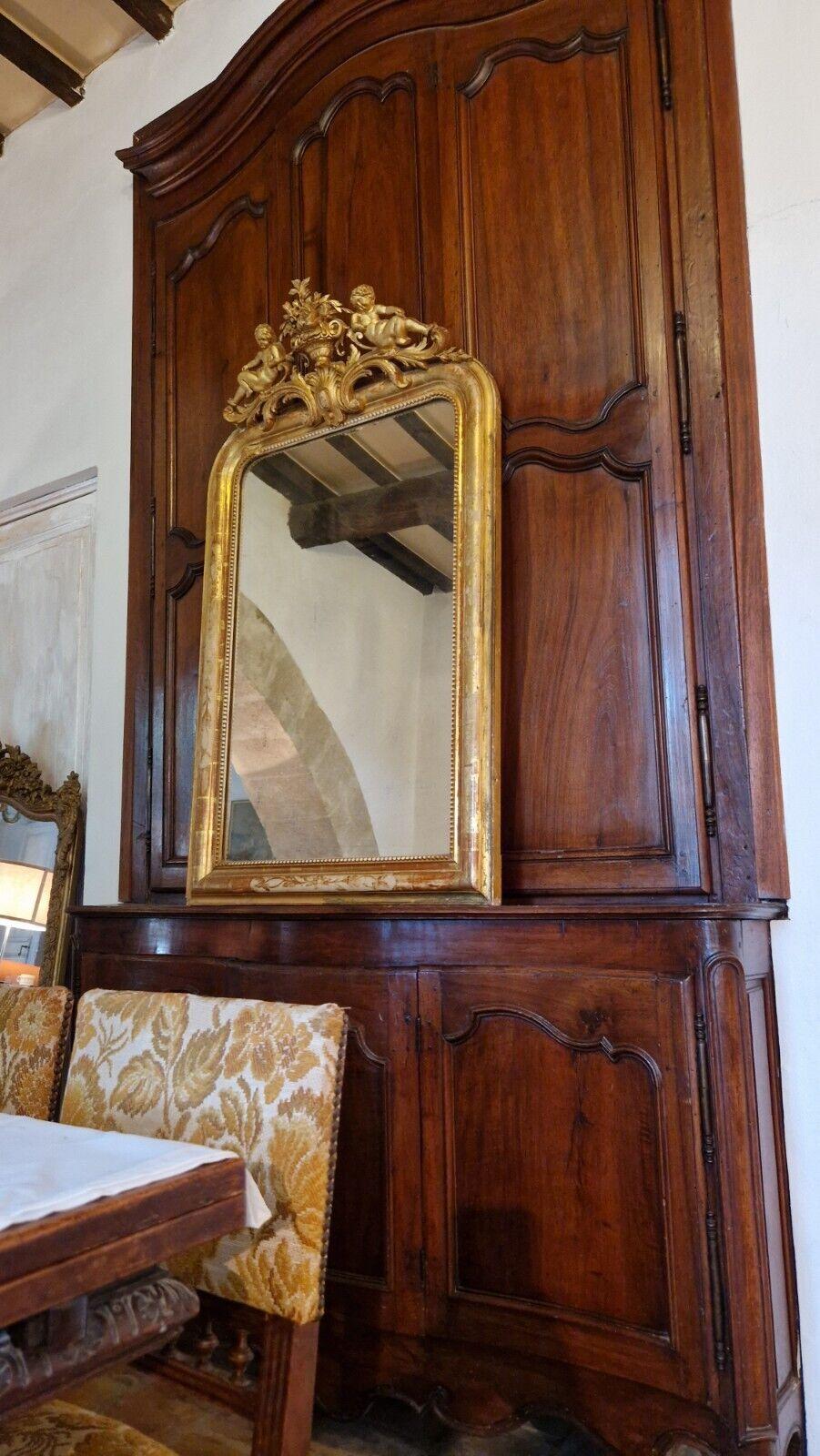 Antique Mirror French Giltwood Gold Cupid Crest 19th Century In Good Condition In Buxton, GB