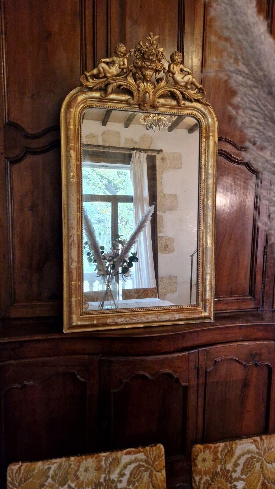 Antique Mirror French Giltwood Gold Cupid Crest 19th Century 2