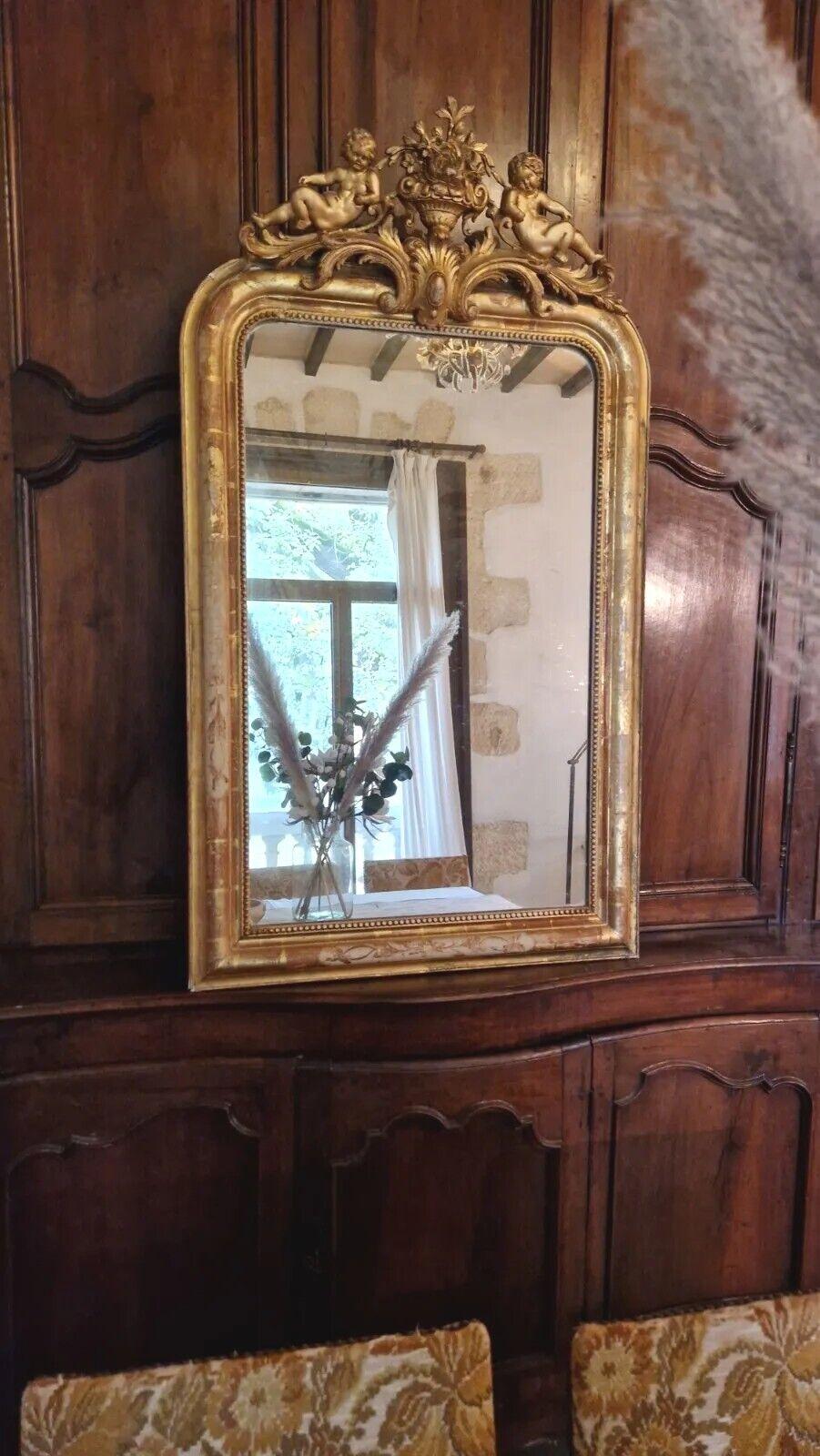 Antique Mirror French Giltwood Gold Cupid Crest 19th Century 3