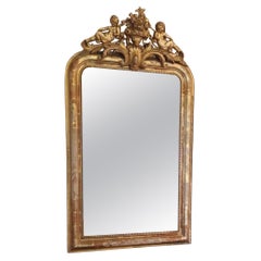 Antique Mirror French Giltwood Gold Cupid Crest 19th Century