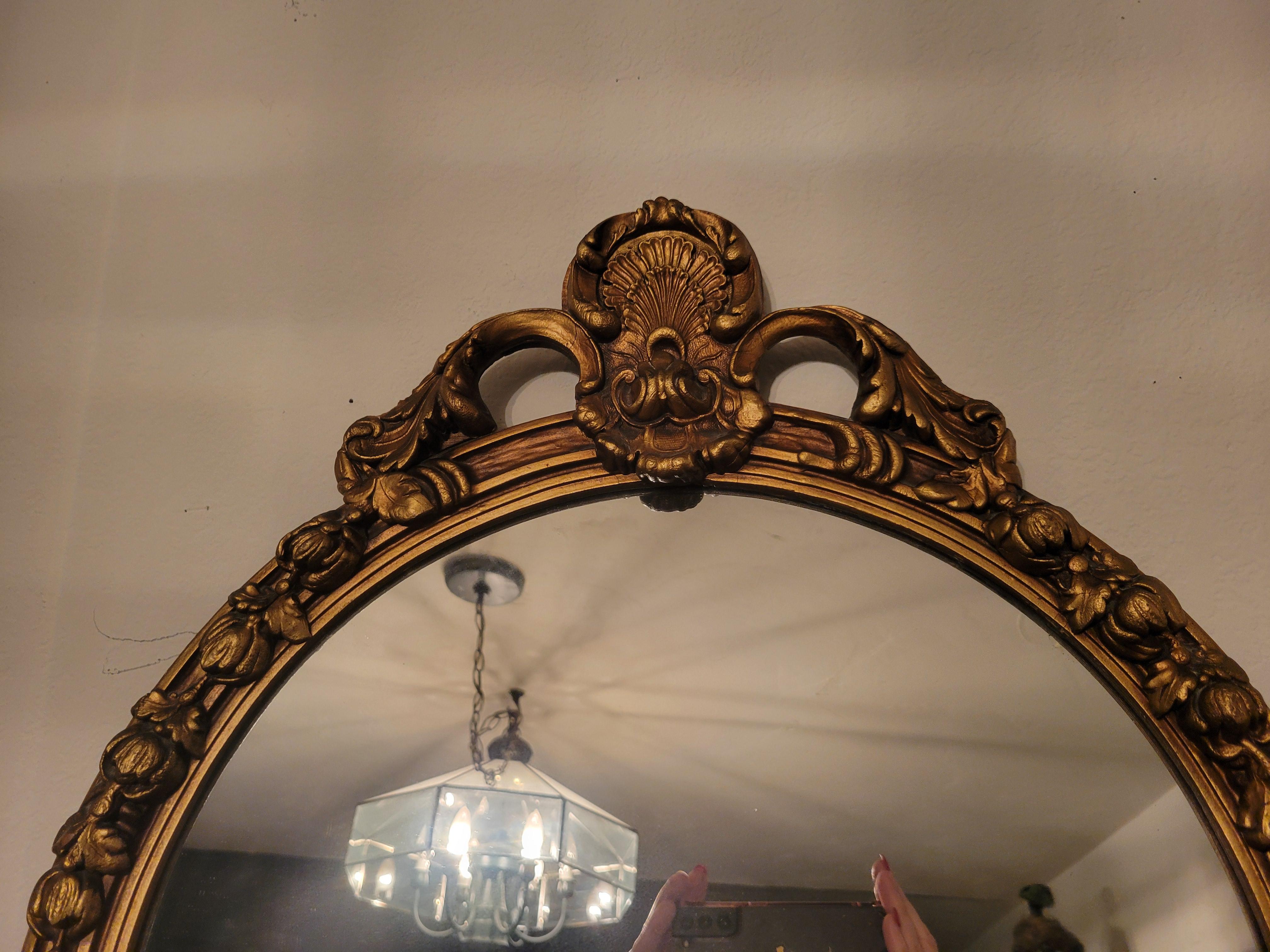 Antique Mirror in Hand-Carved Guilded Wooden Frame In Good Condition For Sale In Phoenix, AZ