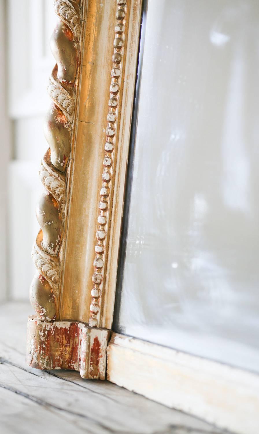 19th Century Antique Mirror in Light Gilt and Distressed White Finish For Sale