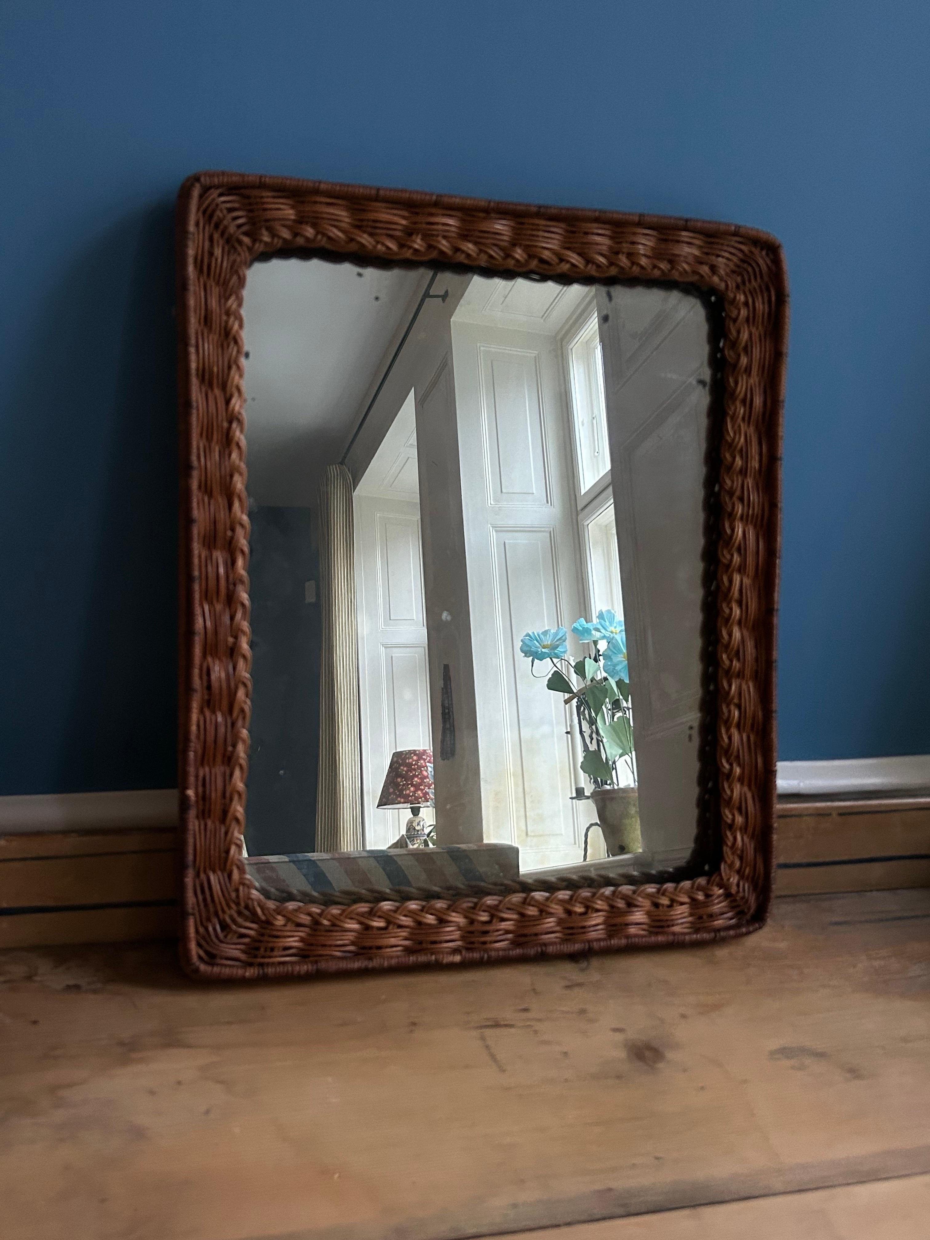 Italian Antique MIrror in Rattan Frame, Italy, Late 19th Century For Sale