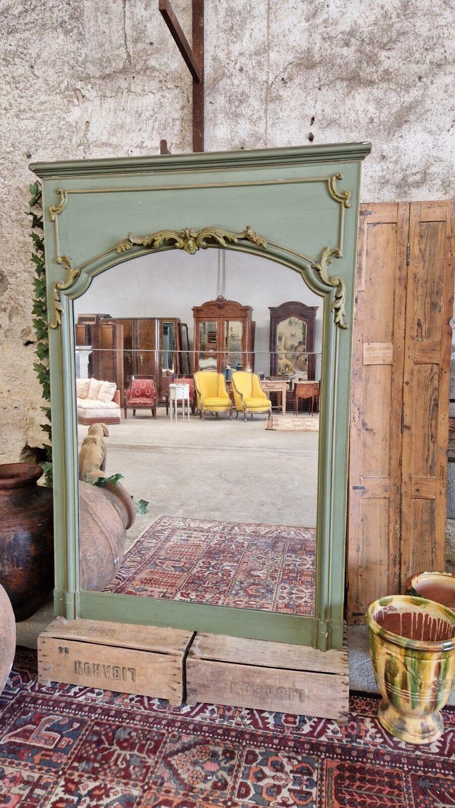Antique Large French Mirror Painted Sage Scroll Details Panel Mirror