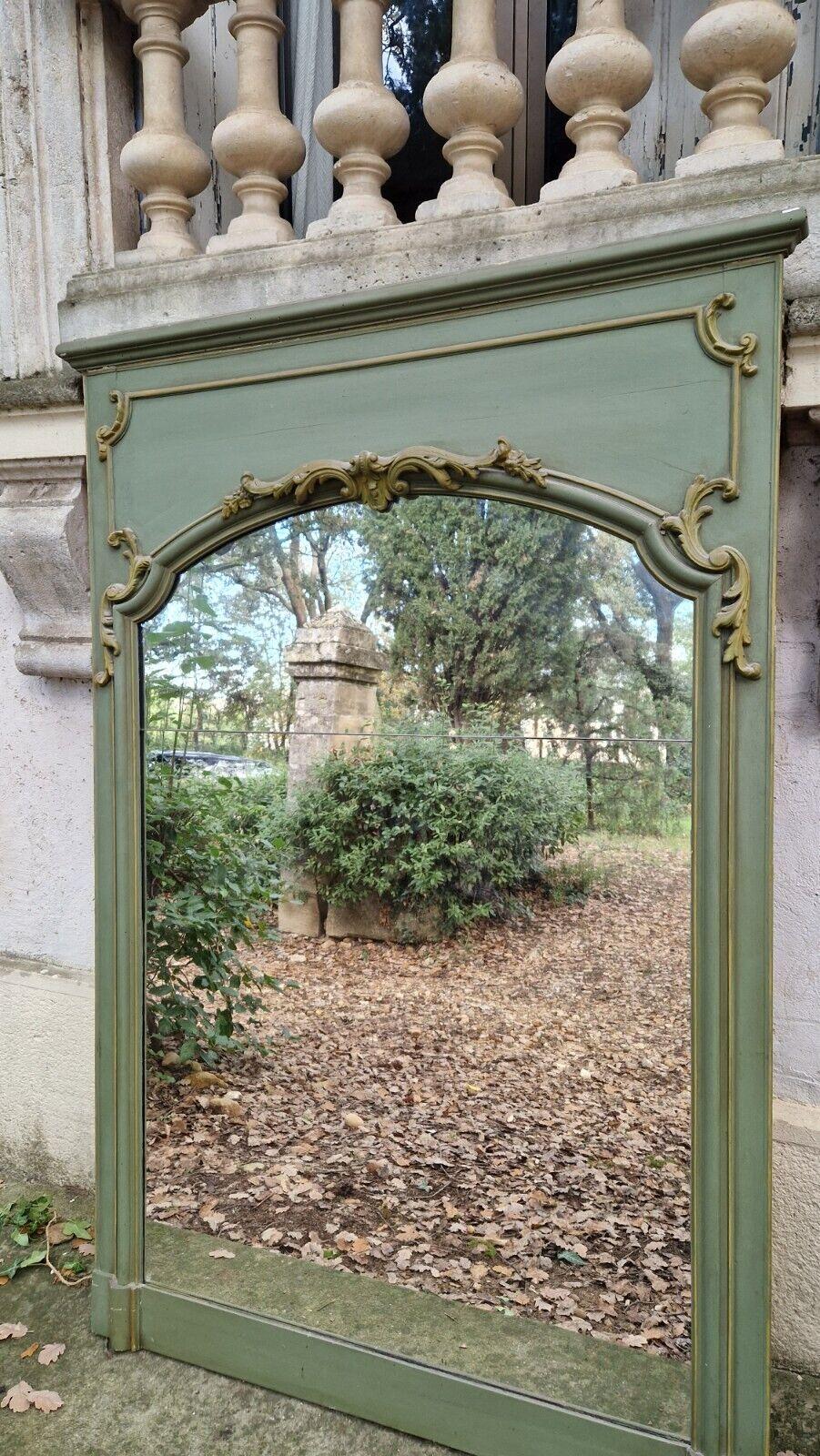 Antique Large French Mirror Painted Sage Scroll Details Panel Mirror