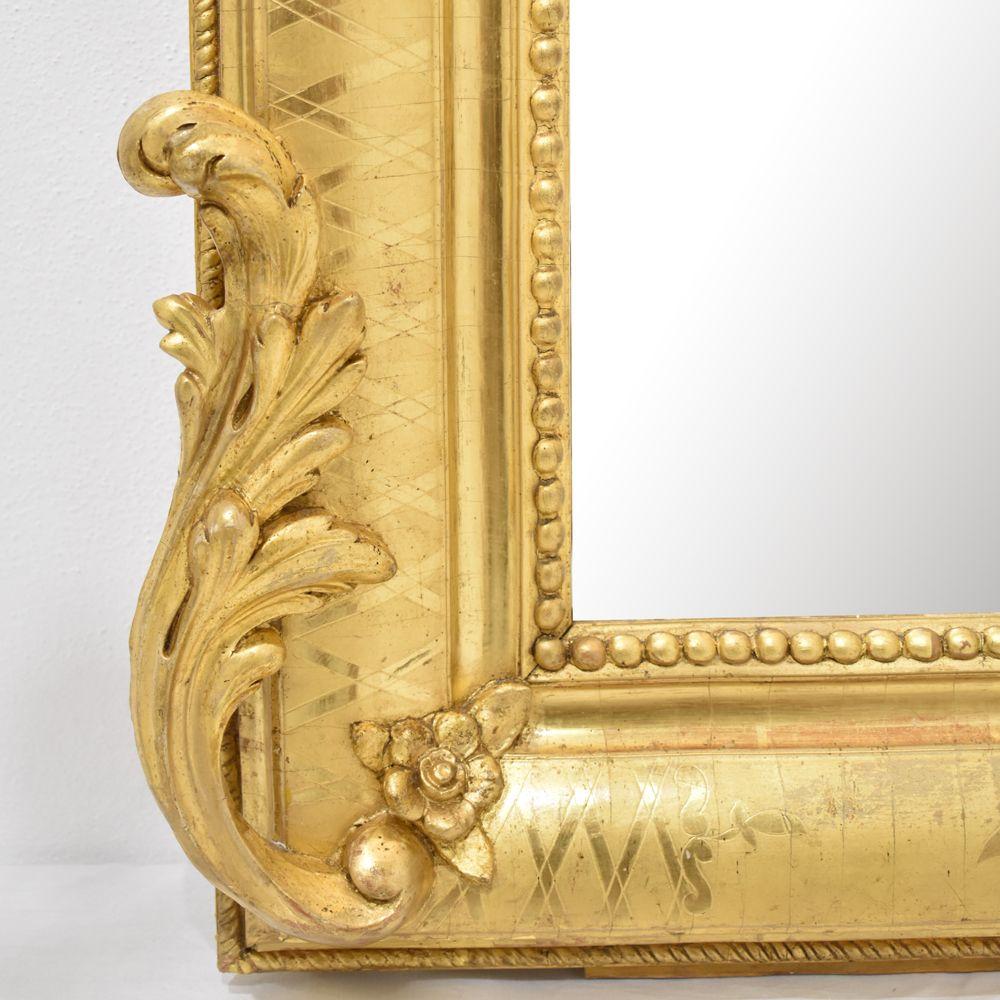 French Antique Mirror, Rose and Daisies Gold Wall Mirror, Gold Leaf Frame, 19th Century