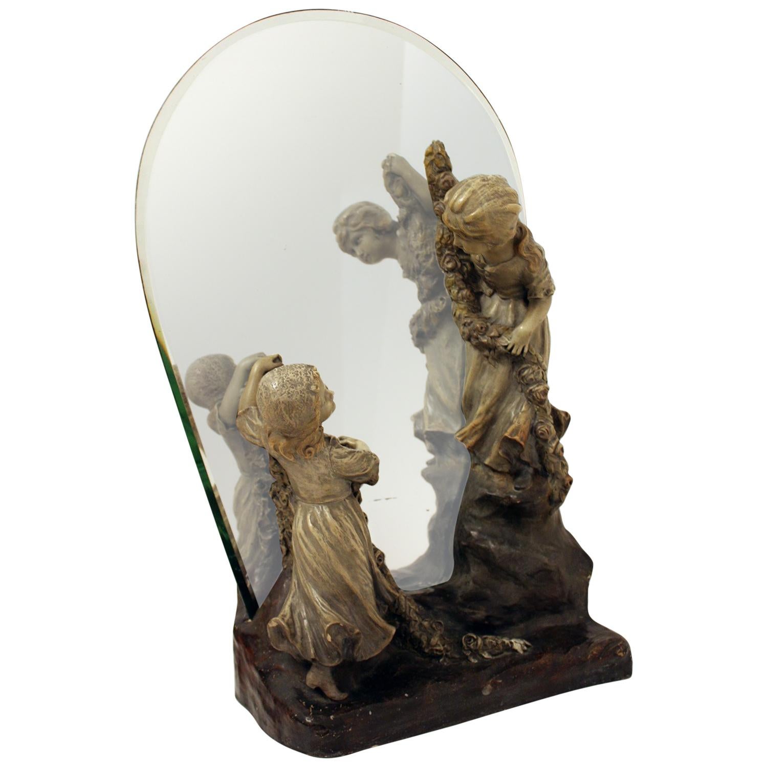 Antique Mirror with Figurines from Goldscheider For Sale