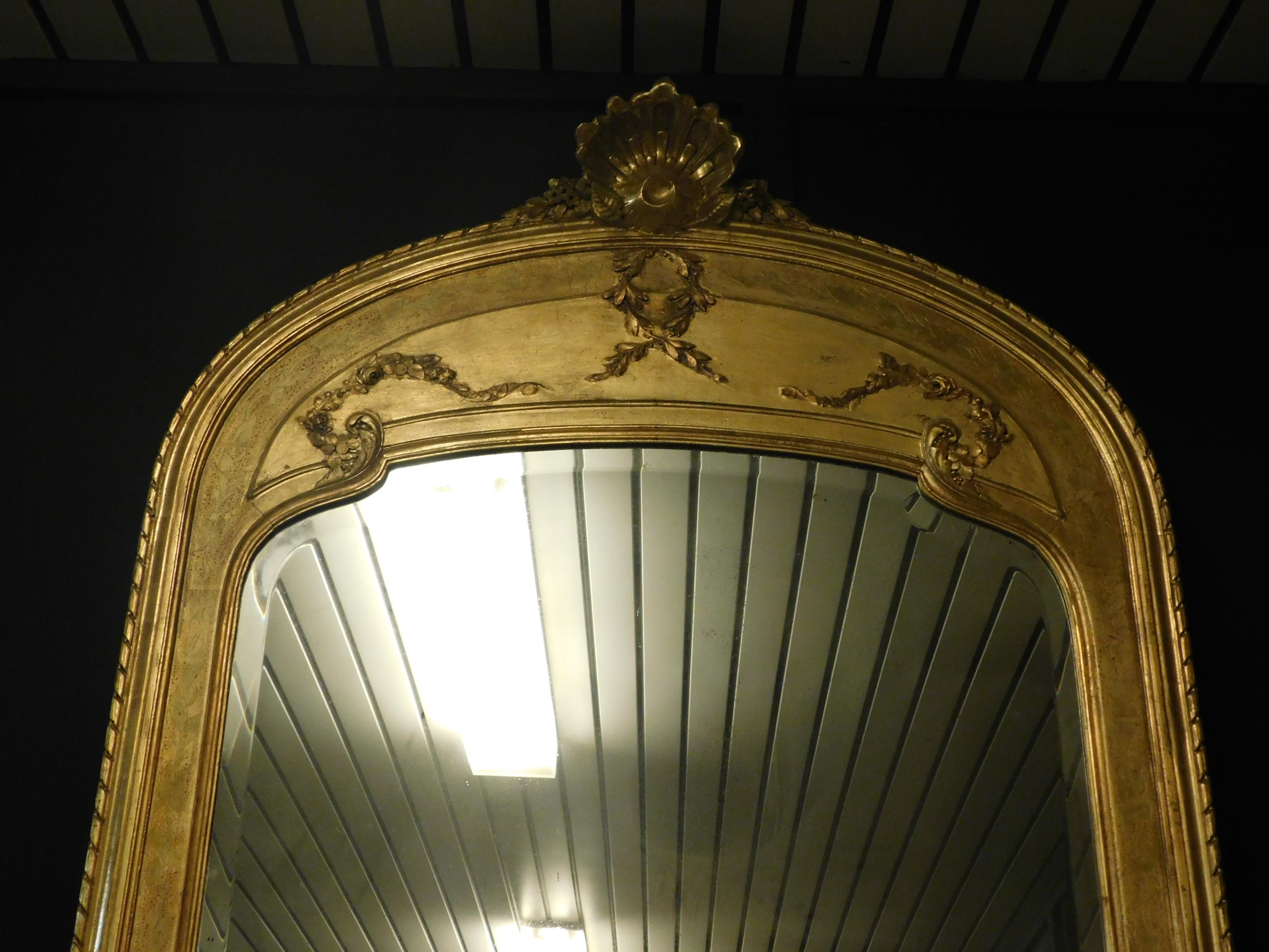 Wood Antique Mirror with Gilded Frame, Large Decorated Bezel, 19th Century Italy For Sale