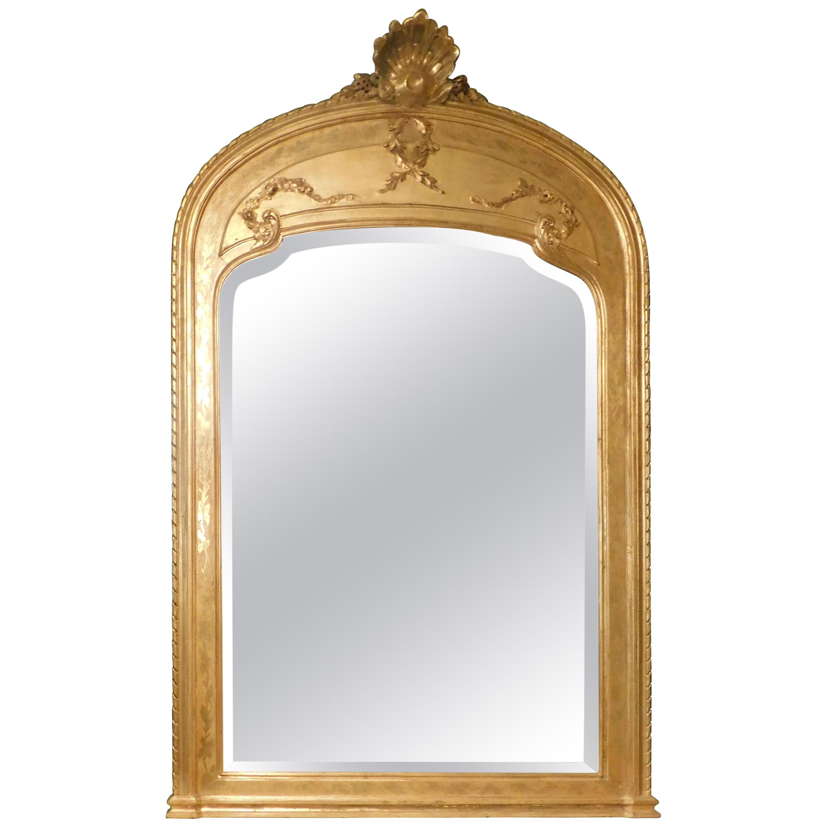 Antique Mirror avec cadre doré, grande lunette Decorée, 19ème siècle Italie