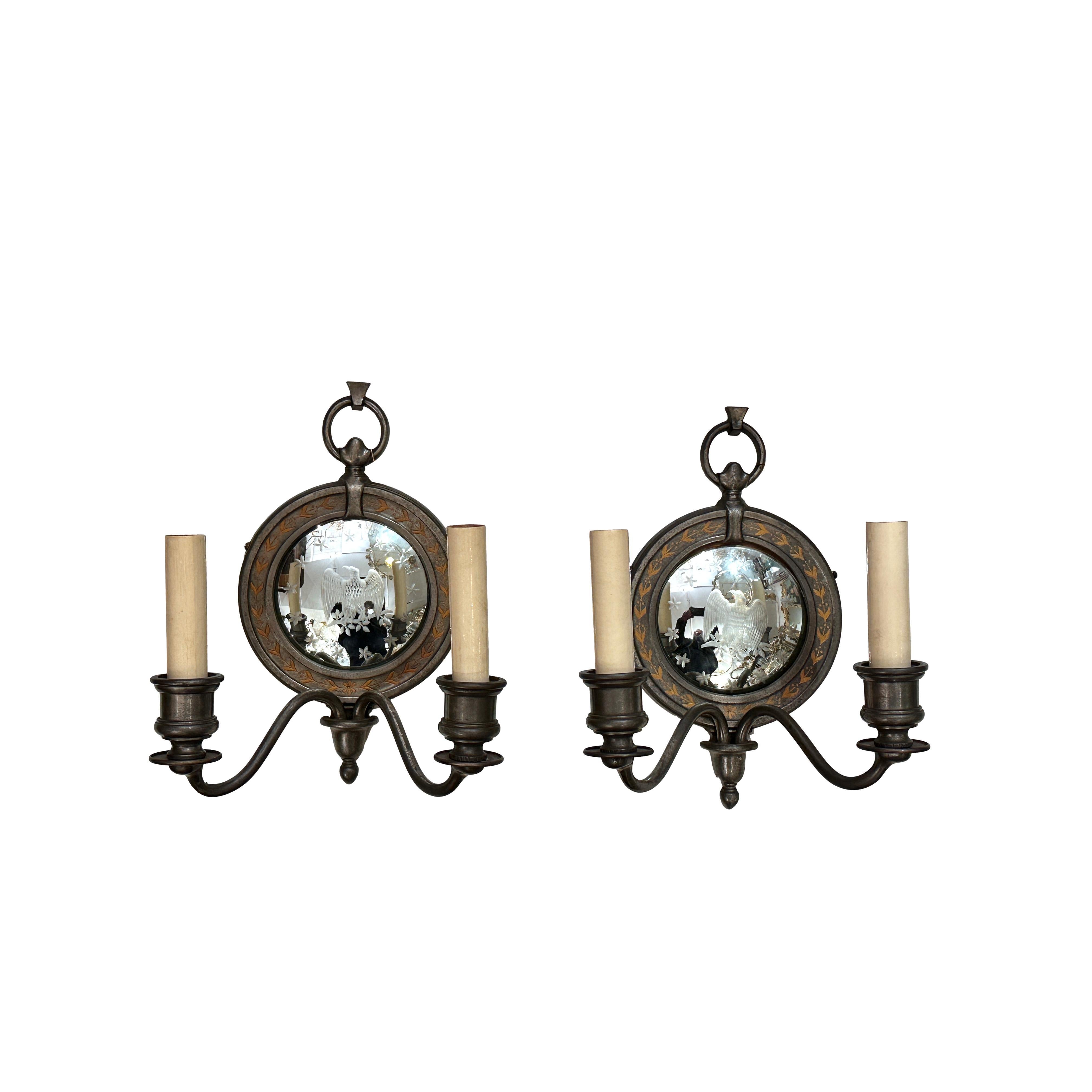 Etched Antique Mirrored Back Sconces For Sale