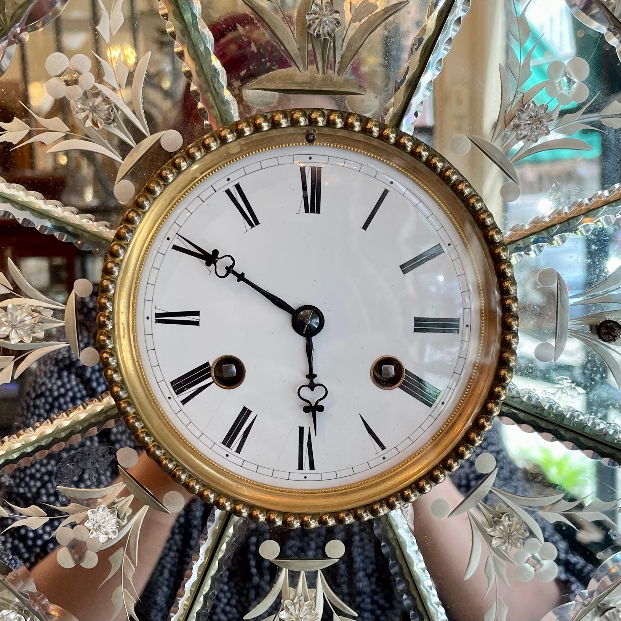 American Antique Mirrored & Diamond-Etched Wall Clock, circa 1900-1910 For Sale