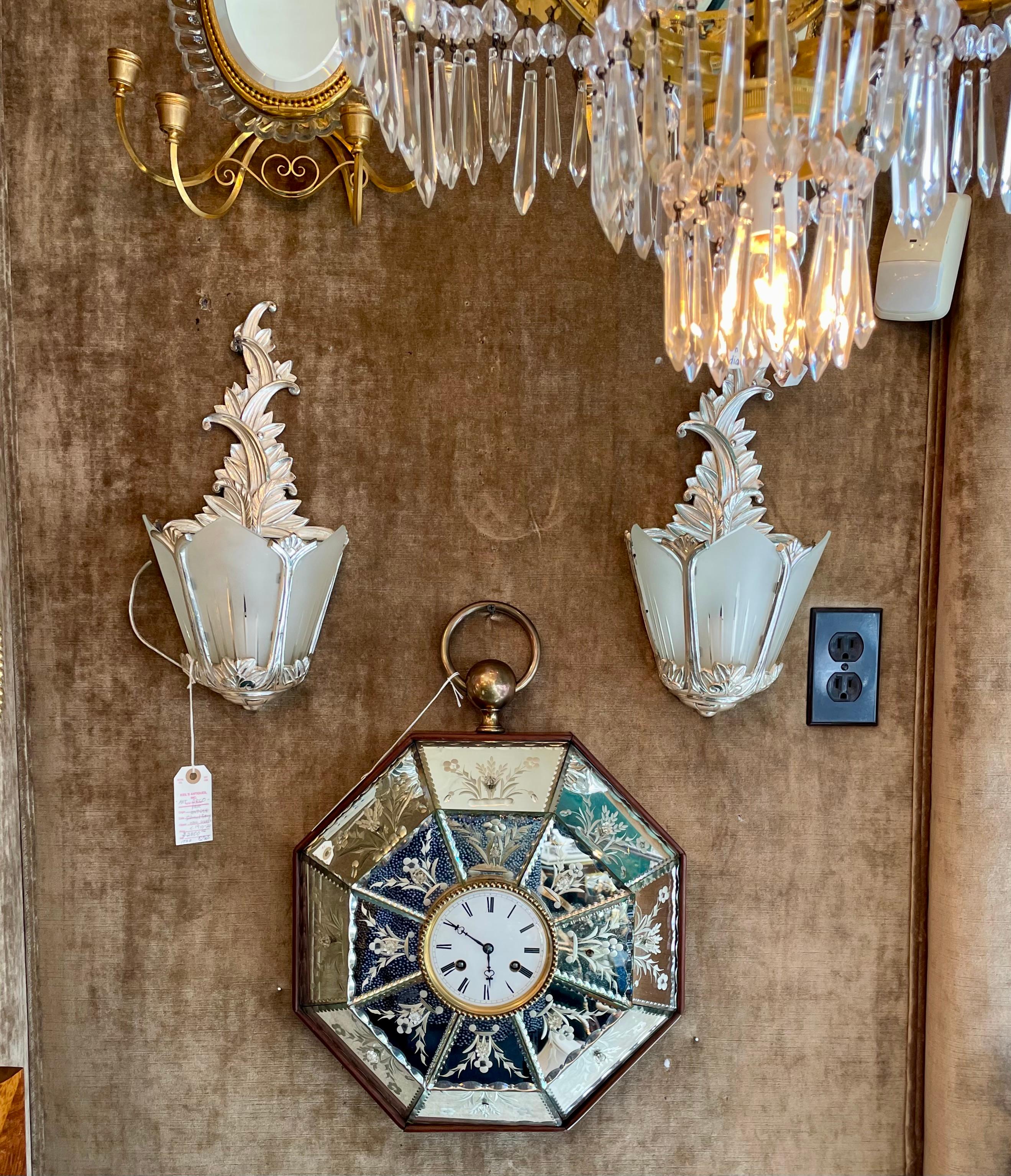 20th Century Antique Mirrored & Diamond-Etched Wall Clock, circa 1900-1910 For Sale