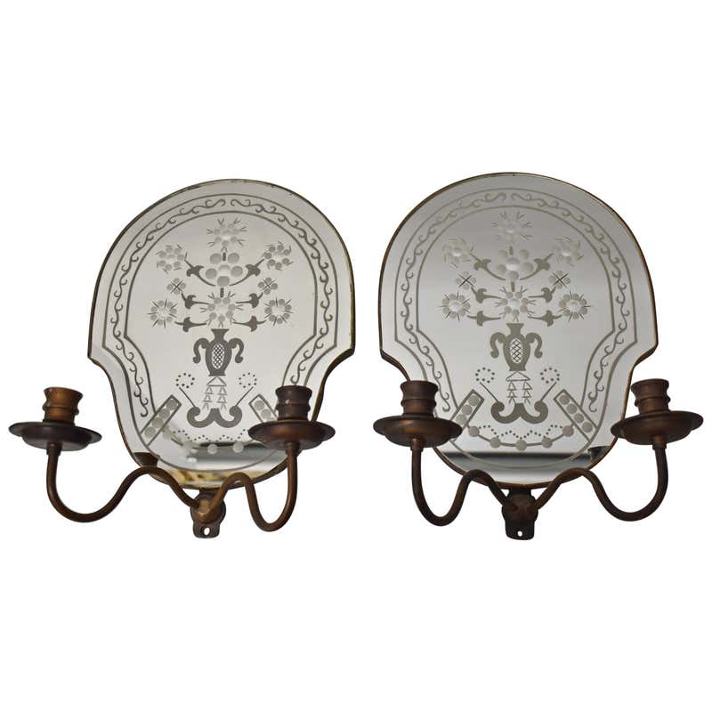 Pair of Vintage Etched Mirrored Wall Sconces at 1stDibs