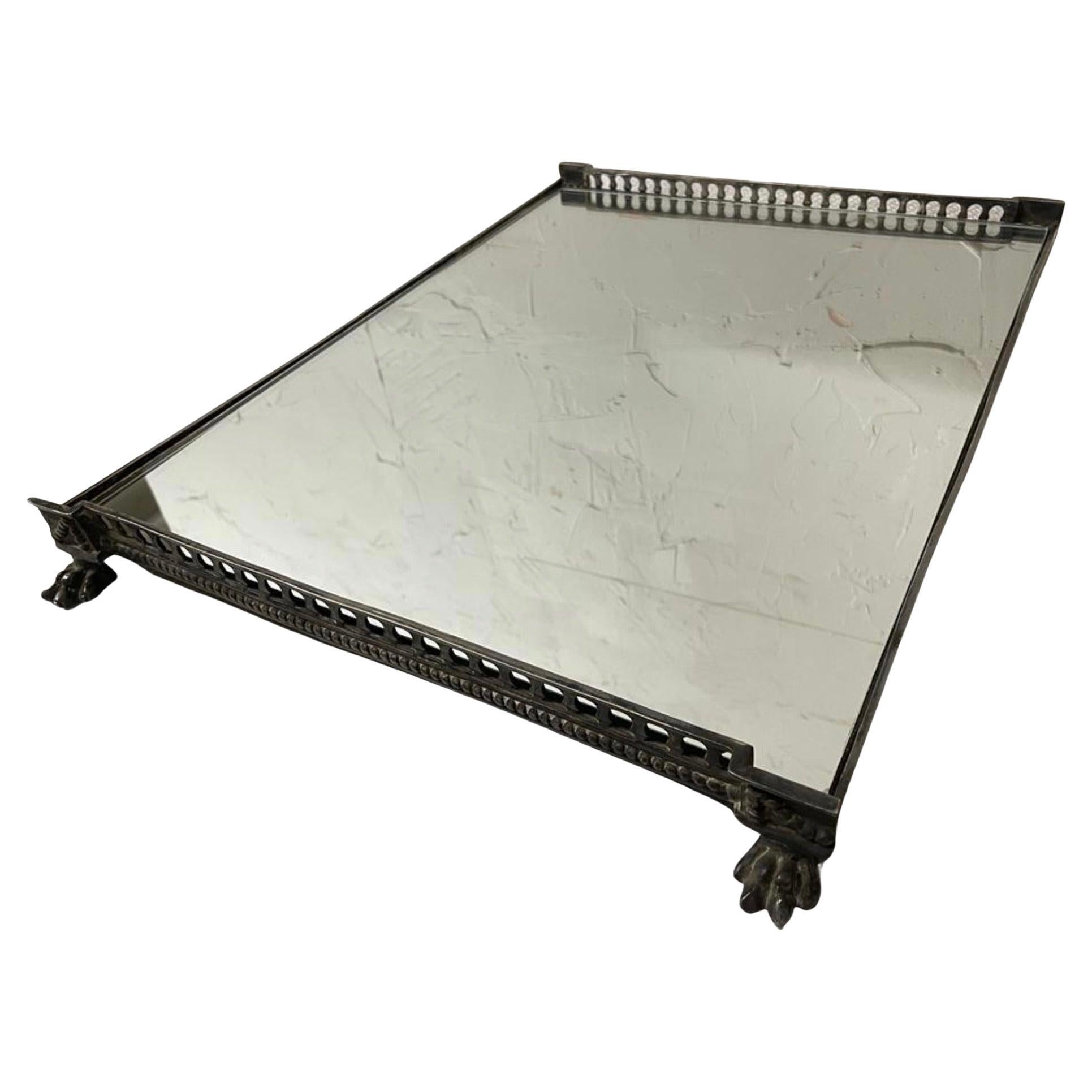 Antique Mirrored Silver Plated Gallery Serving Tray In Good Condition For Sale In Sheffield, MA