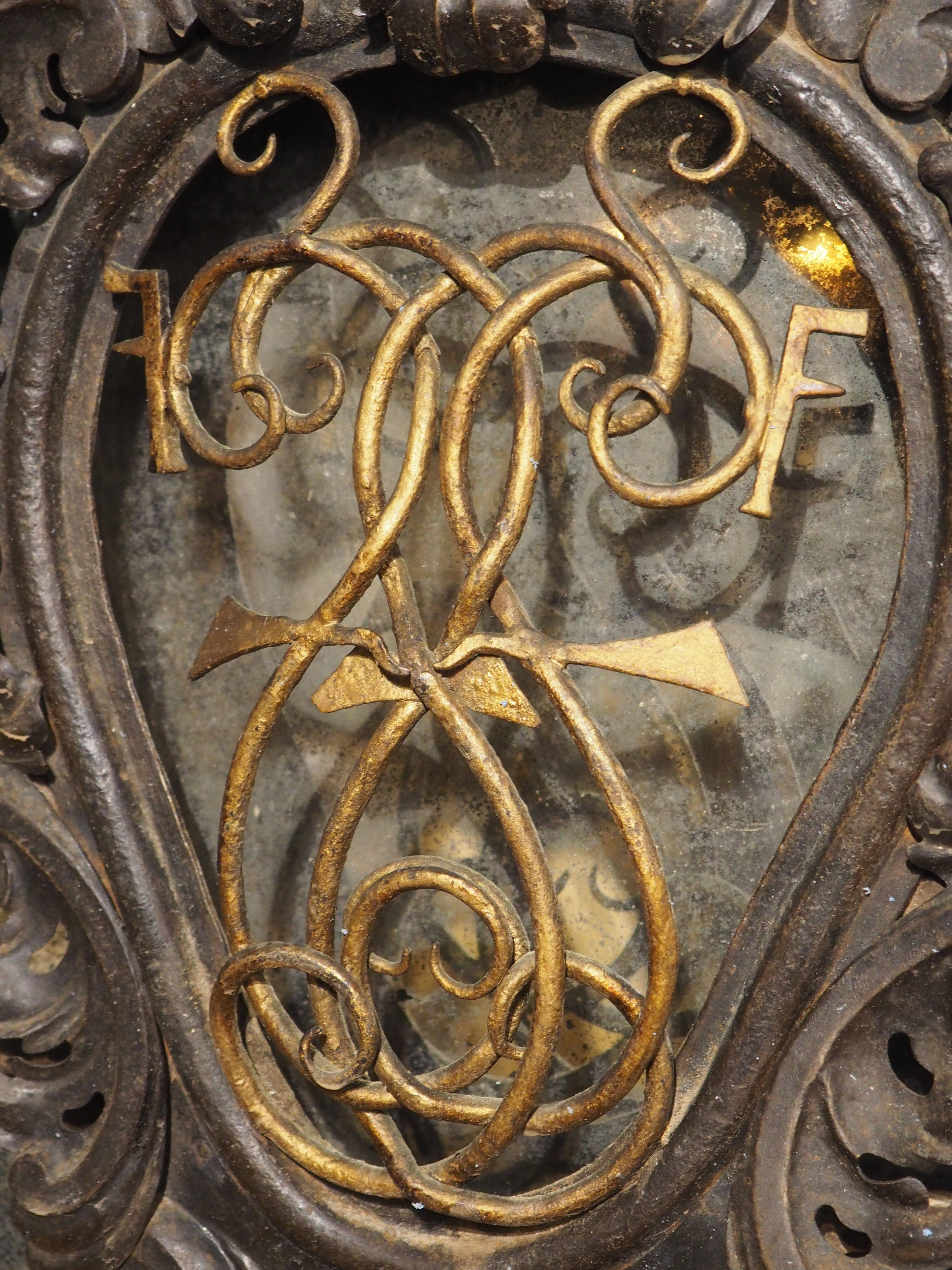 Antique Mirrored Wrought Iron and Tole Overdoor with Cartouche, France, C. 1850 7