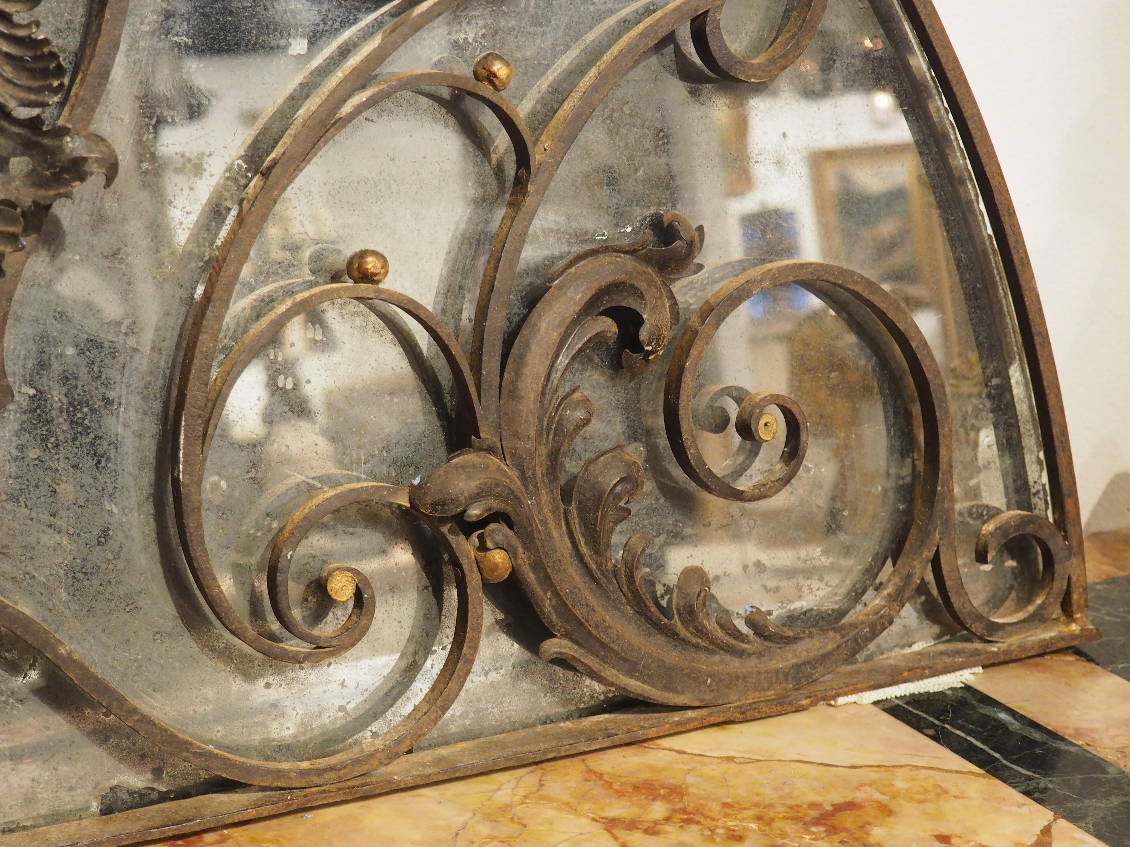 Antique Mirrored Wrought Iron and Tole Overdoor with Cartouche, France, C. 1850 In Good Condition In Dallas, TX