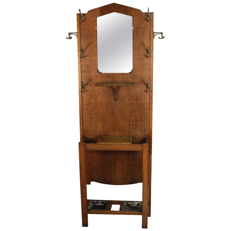 Antique Mission Arts circa 1910 Hall Tree with Mirror and Umbrella