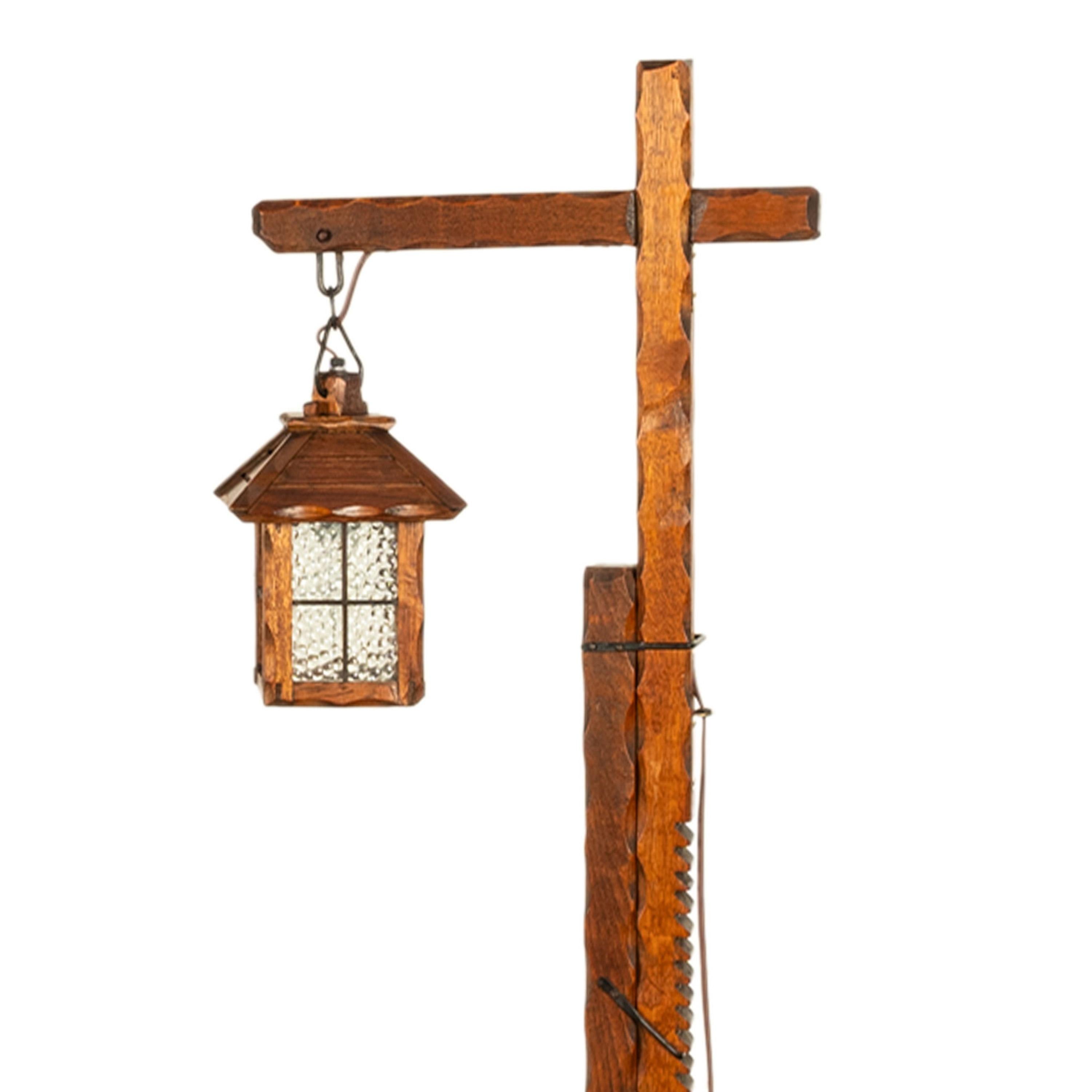 Antike Mission Arts-Crafts geschnitzte Eiche Verstellbare Stehlampe Glas Laterne 1920 6