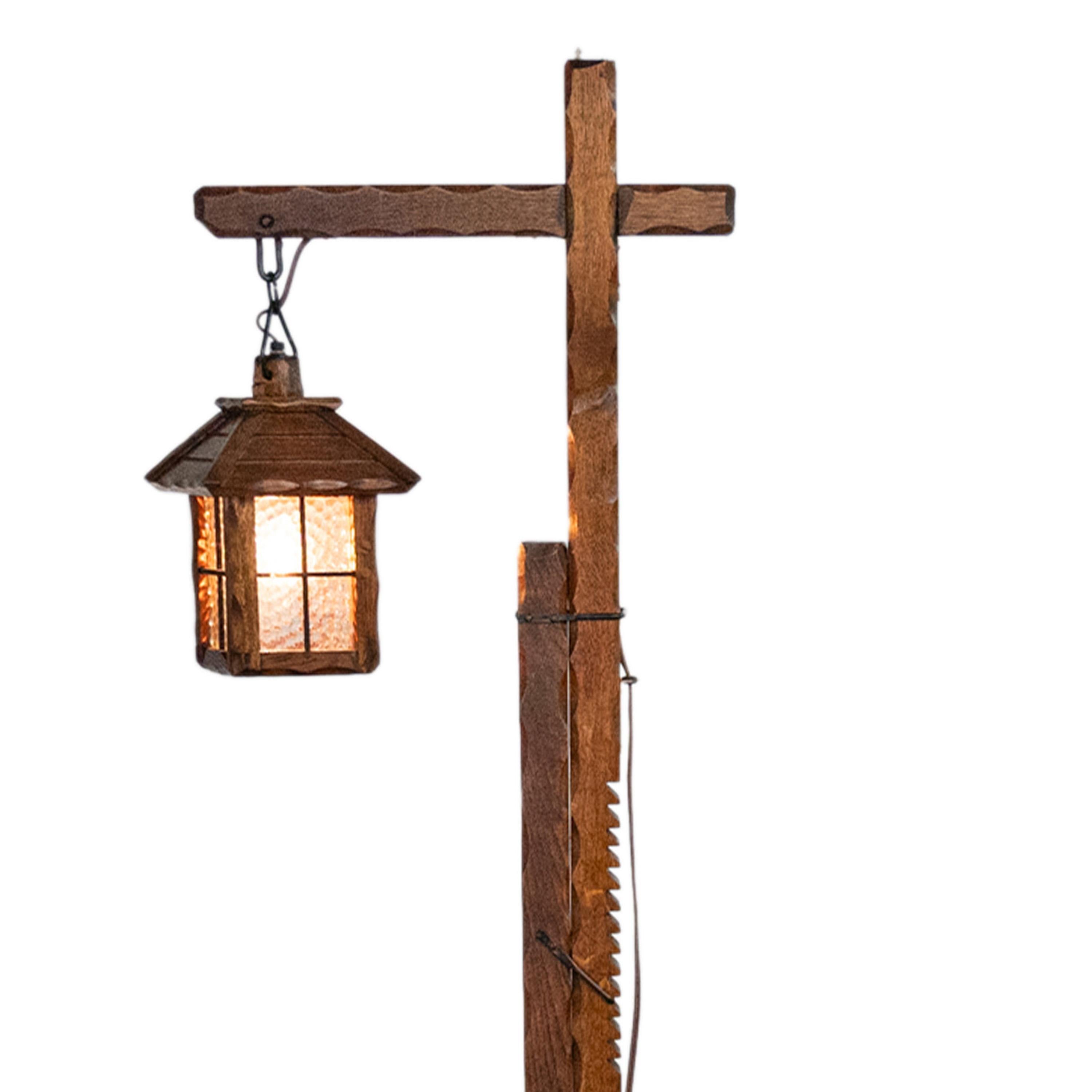 Antike Mission Arts-Crafts geschnitzte Eiche Verstellbare Stehlampe Glas Laterne 1920 7