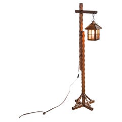 Antique Mission Arts Crafts Carved Oak Adjustable Floor Lamp Glass Lantern 1920