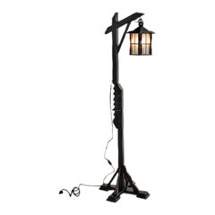 Antique Mission Arts Crafts Carved Oak Adjustable Floor Lamp Glass Lantern 1930
