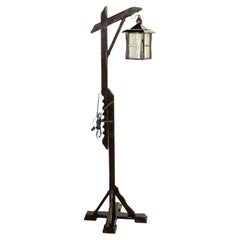 Antique Mission Arts Crafts Carved Oak Adjustable Floor Lamp Glass Lantern 1930