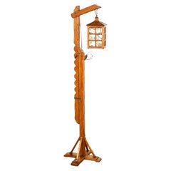 Antique Mission Arts Crafts Carved Oak Adjustable Floor Lamp Glass Lantern 1930