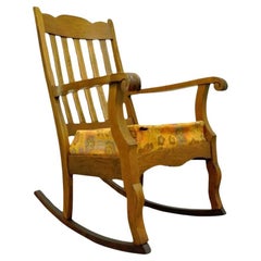 Antique Mission Arts & Crafts Carved Solid Oak Rocking Lounge Chair Rocker vtg