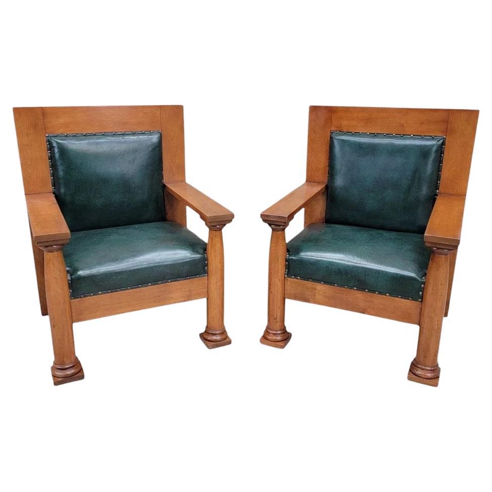 Paire de chaises Mission Arts & Crafts anciennes en cuir vert chasseur d'origine