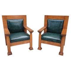 Antique Mission Arts & Crafts Chairs In Original Hunter Green Leather - Pair