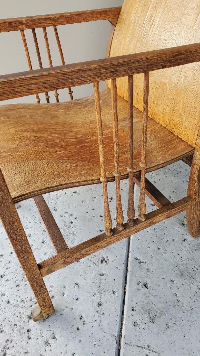 Antique Mission Arts & Crafts Craftsman Quarter Sawn Oak Tall Back Resting Chair For Sale 8