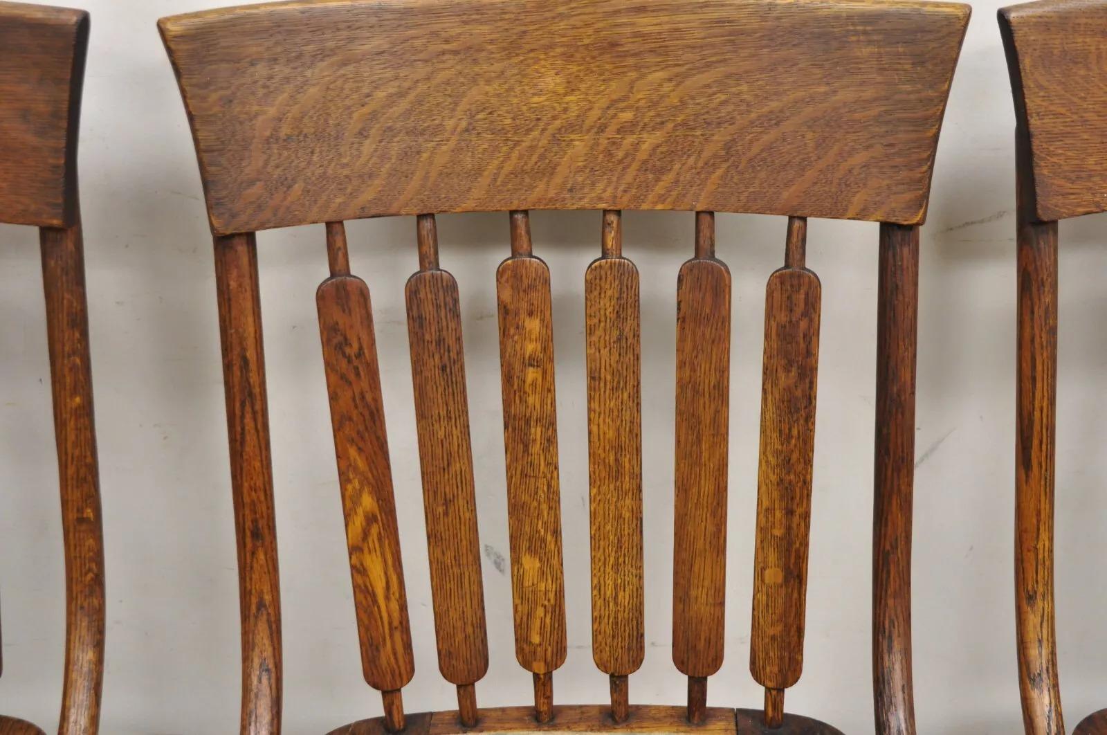 Antique Mission Arts & Crafts Oak Bentwood Slat Back Dining Chairs - Set of 4 For Sale 5