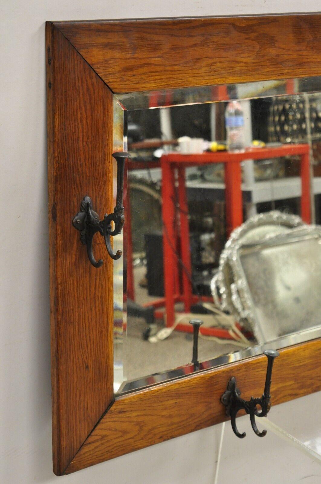 Antique Mission Arts & Crafts Oak Wood Beveled Glass Hall Mirror Iron Coat Hooks For Sale 6
