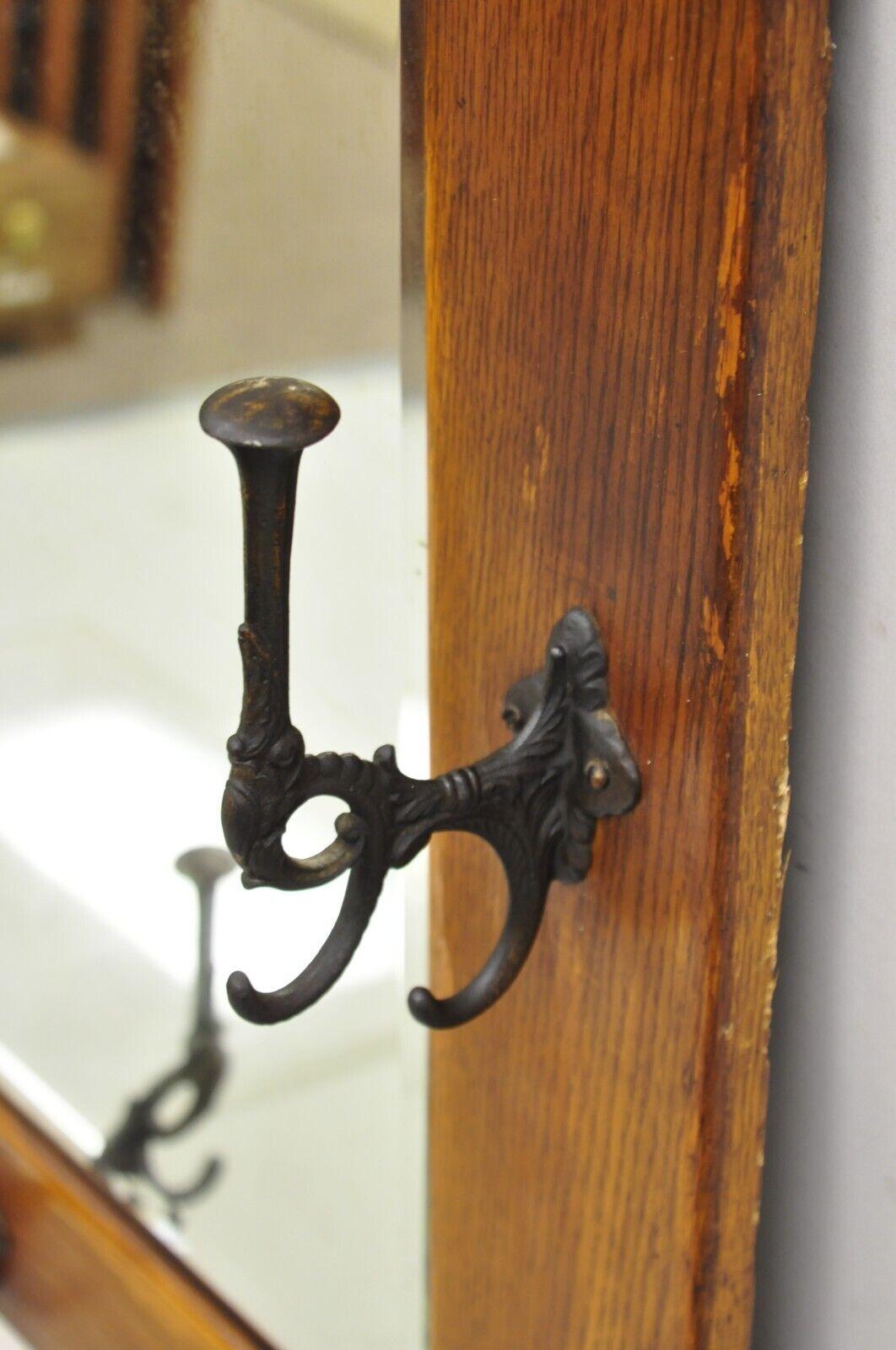 Antique Mission Arts & Crafts Oak Wood Beveled Glass Hall Mirror Iron Coat Hooks For Sale 7